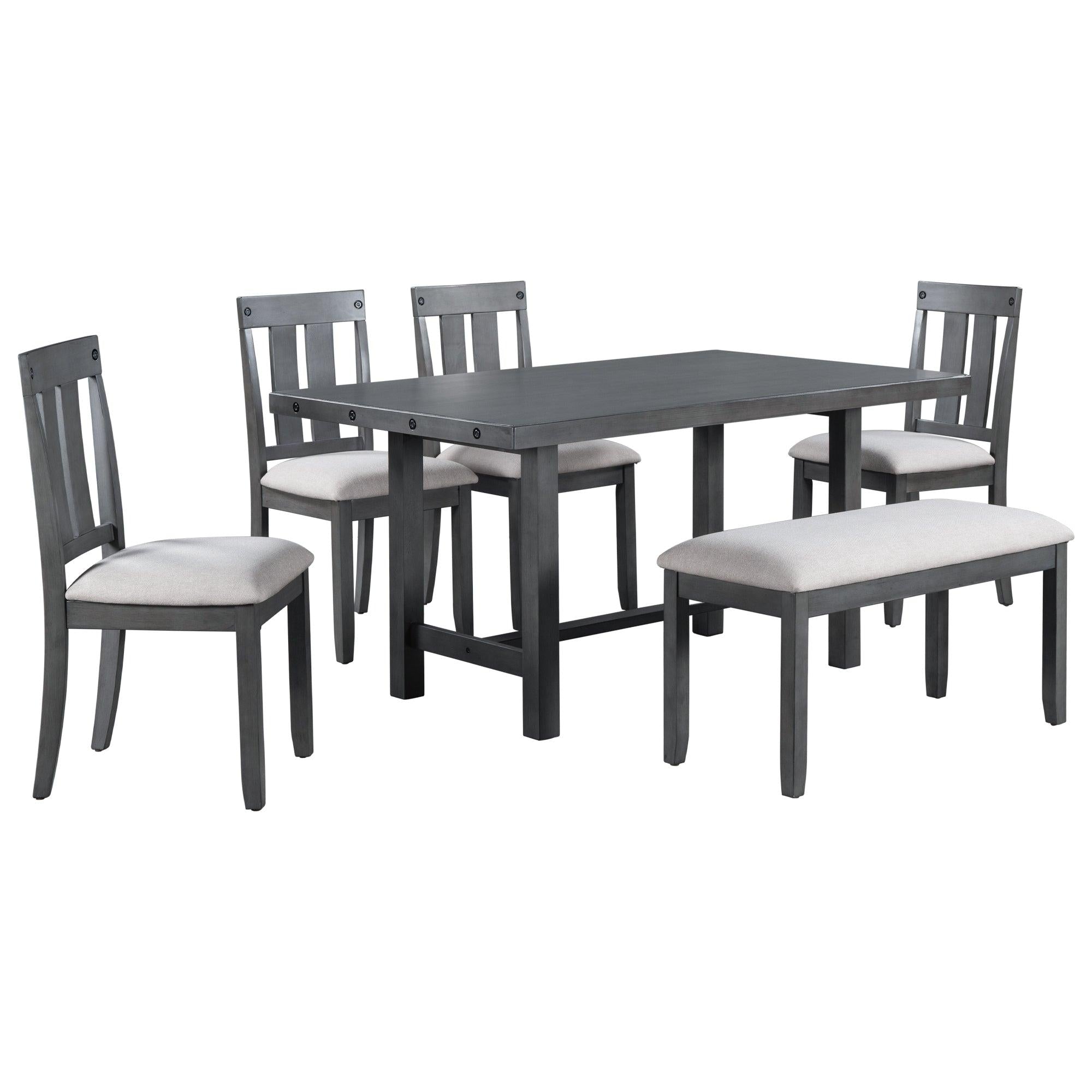 Rustic Farmhouse 6-Piece Wooden Rustic Style Dining Set, Including Table, 4 Chairs & Bench (Gray)