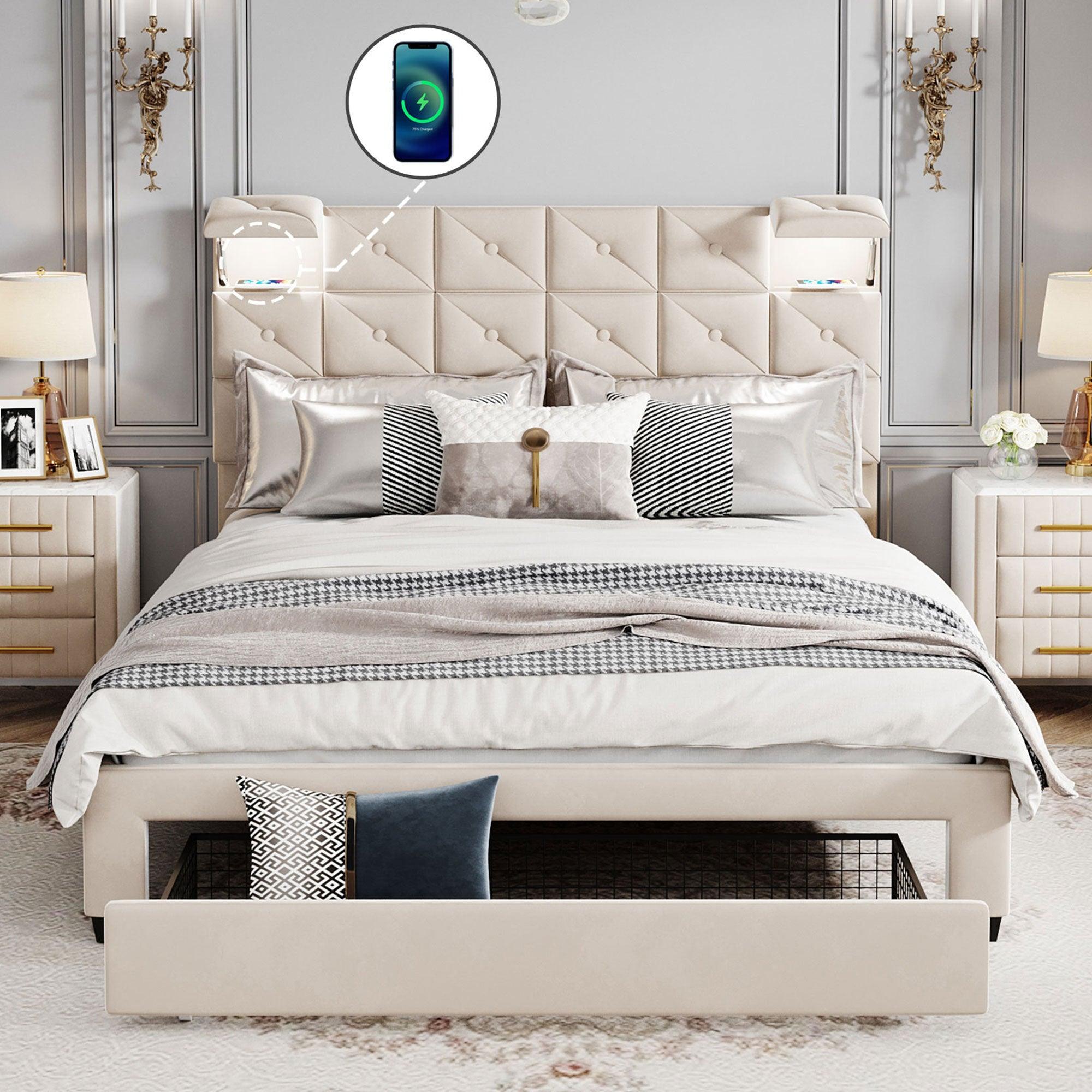 UpholsteredStorage Bed with Two Wireless Chargers and Motion Activated Night Light,Queen Size Velvet Platform Bed with a Big Drawer,Beige image