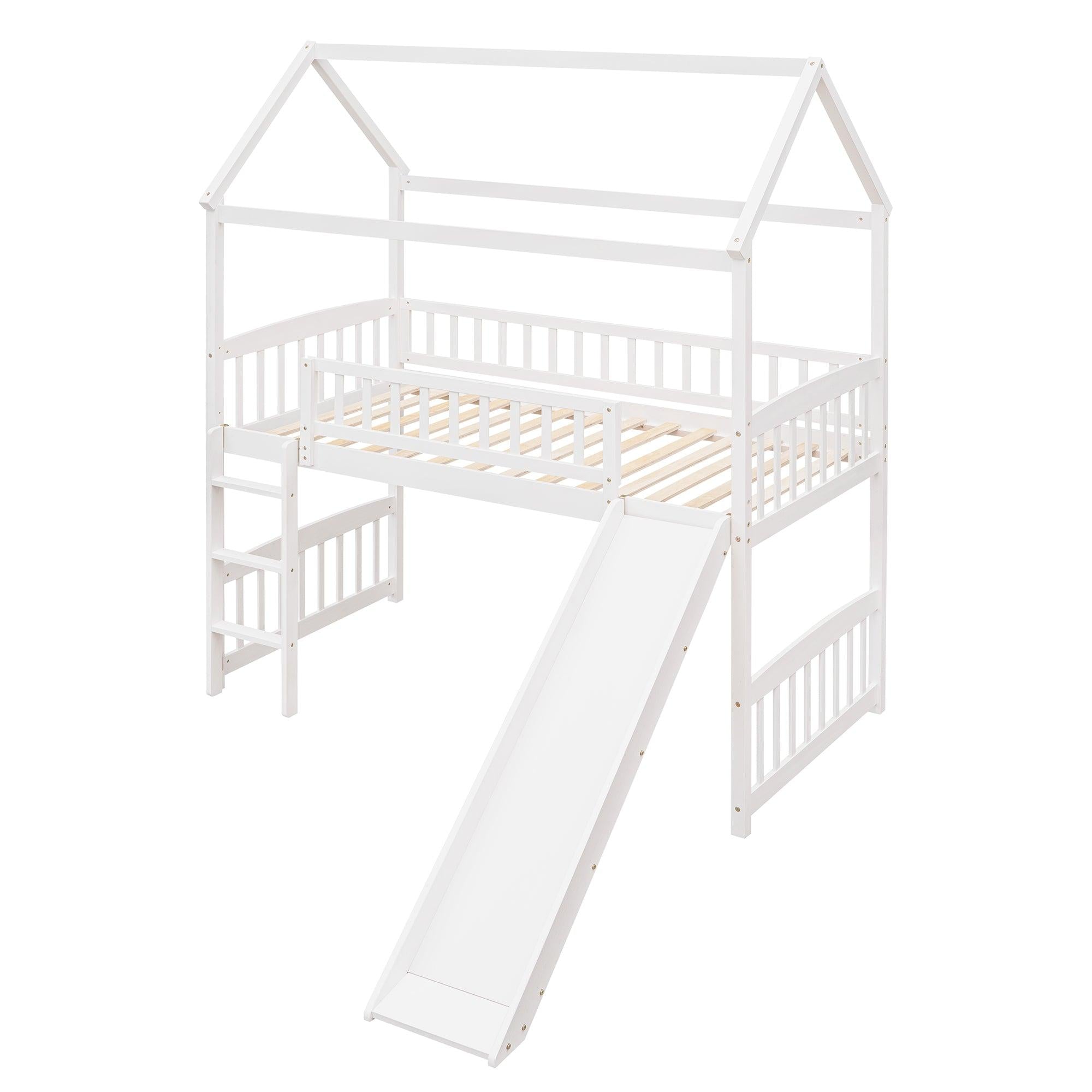 Twin Loft Bed with Slide, House Bed with Slide,White