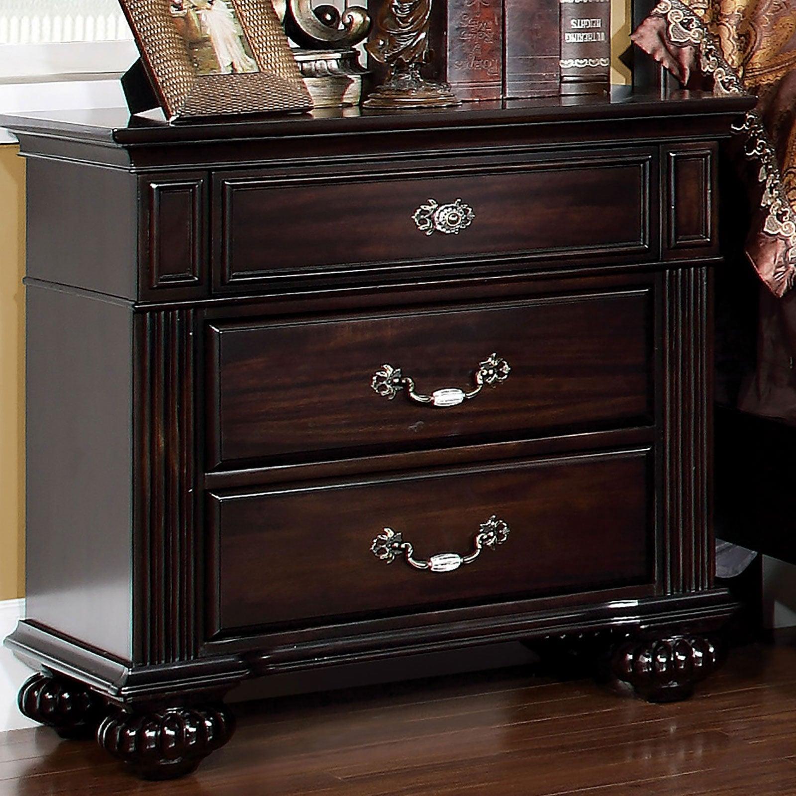 1pc Nightstand Only Traditional Dark Walnut Solid wood 3-Drawers Ball Bearing Metal Glides Antique Brass Handles w/ Acrylic Accent Bedroom Furniture image