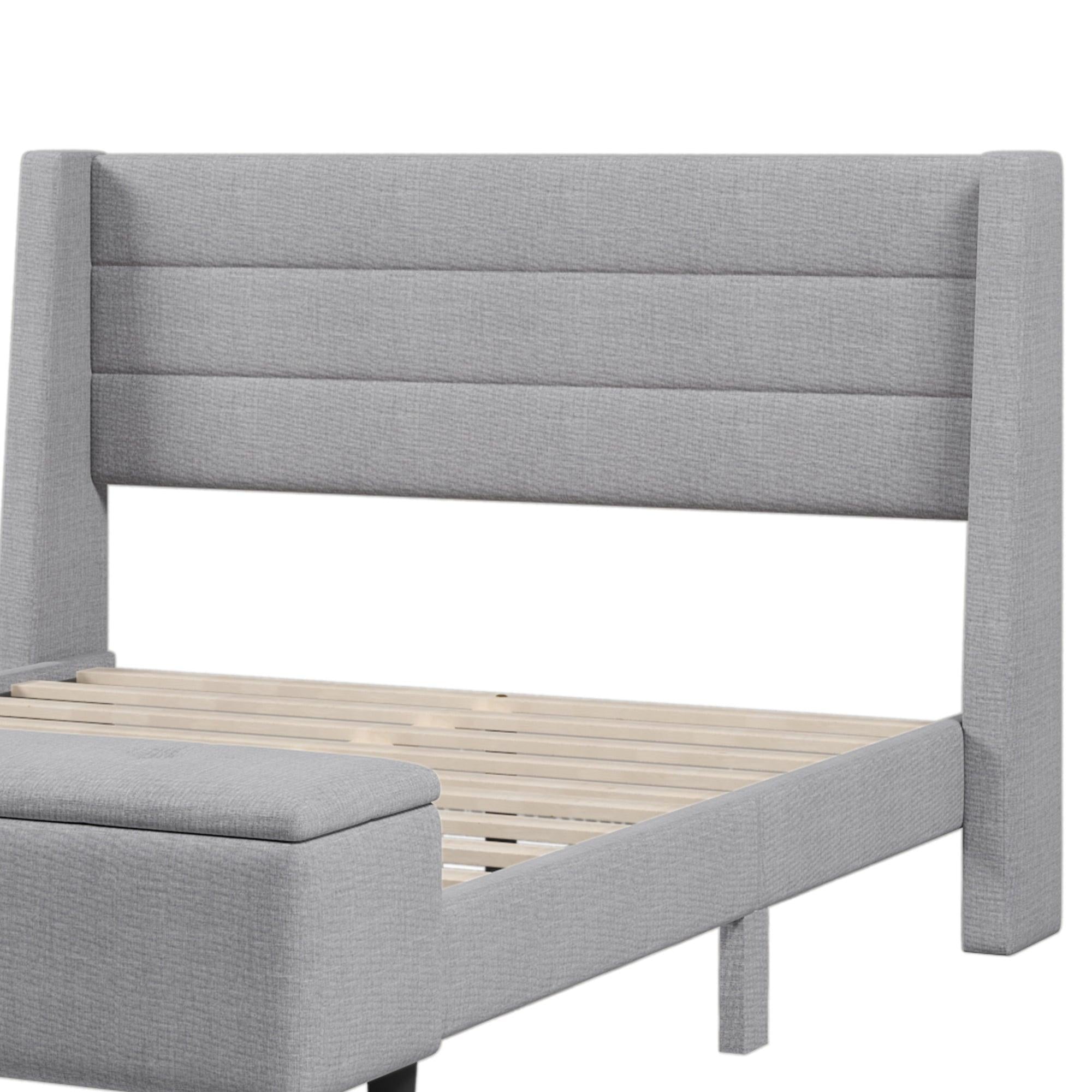 3 Pieces Gray Queen UpholsteredStorage Bed Frame withStorage Ottoman Bench and Two Nightstands