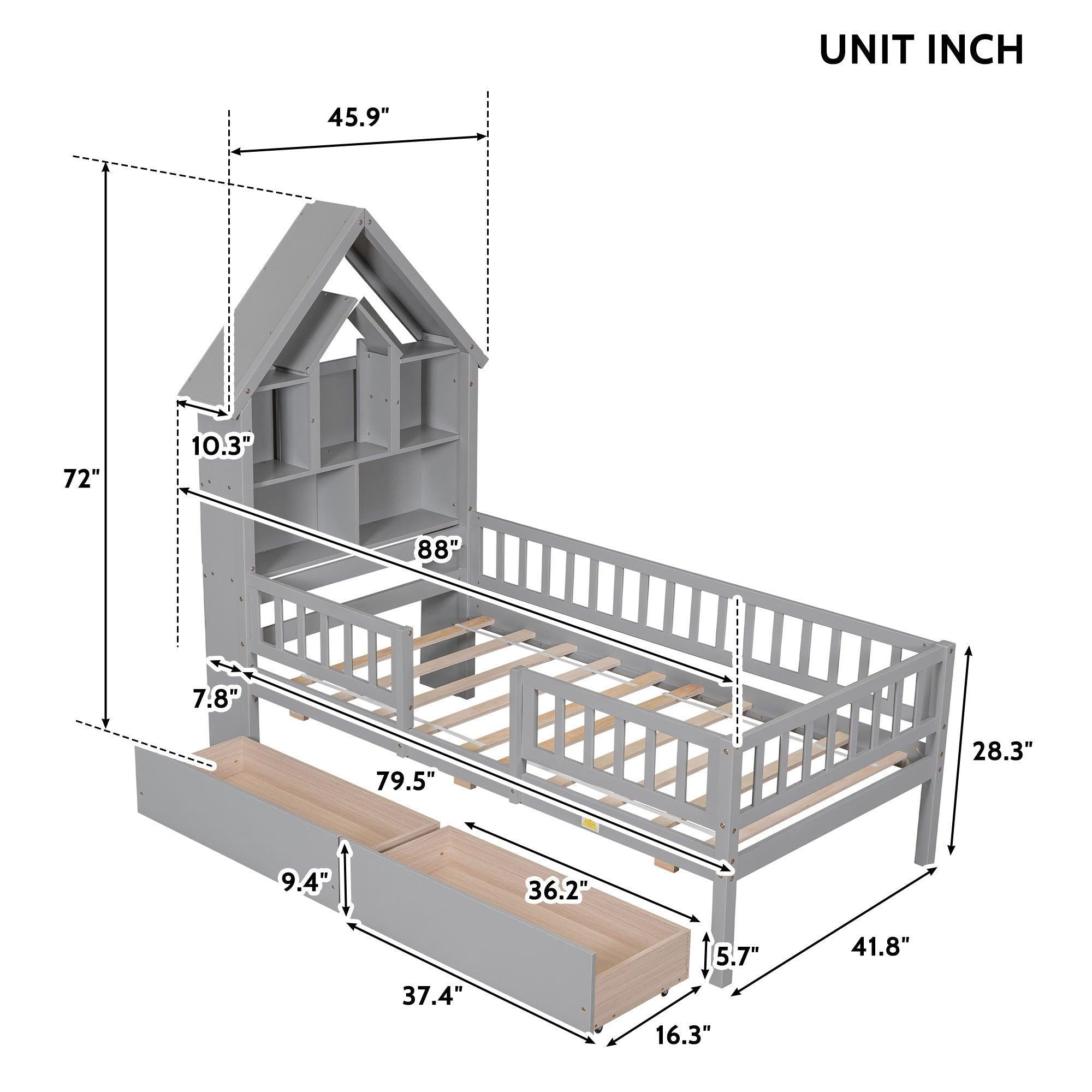 Twin Size House-Shaped Headboard Bed with Fence Guardrails and Drawers ,Gray