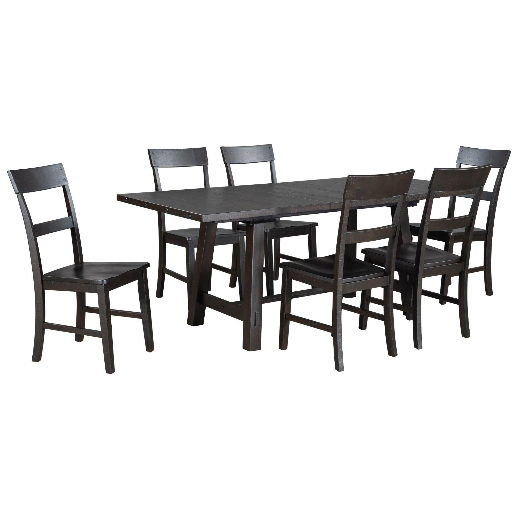 Retro Industrial Style 7-Piece Dining Table Set Extendable Table with 18” Leaf and Six Wood Chairs 
(Espresso)