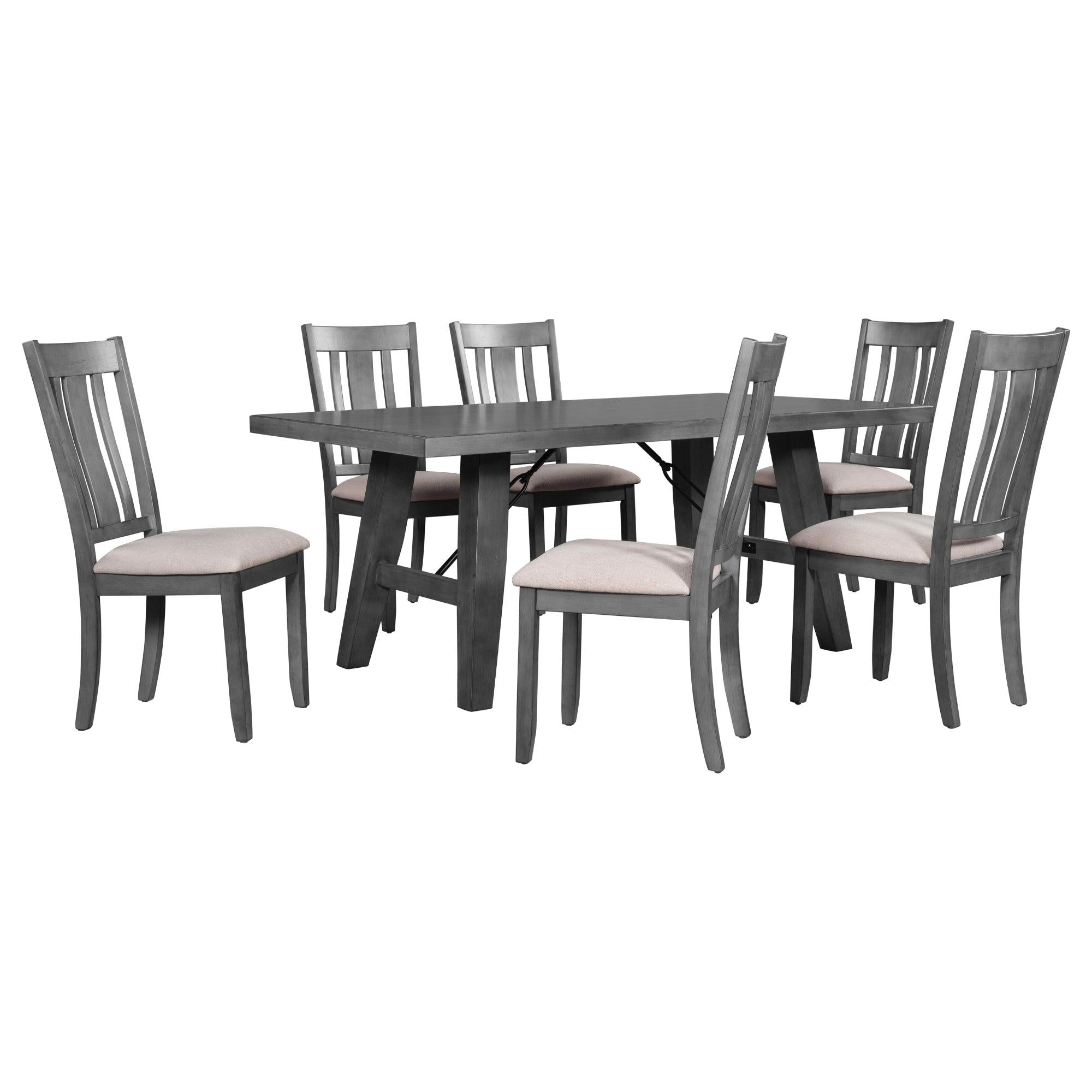 7-Piece Dining Room Set - 72" Industrial Style Rectangular Table with Chain Bracket and 6 Dining Chairs (Gray)