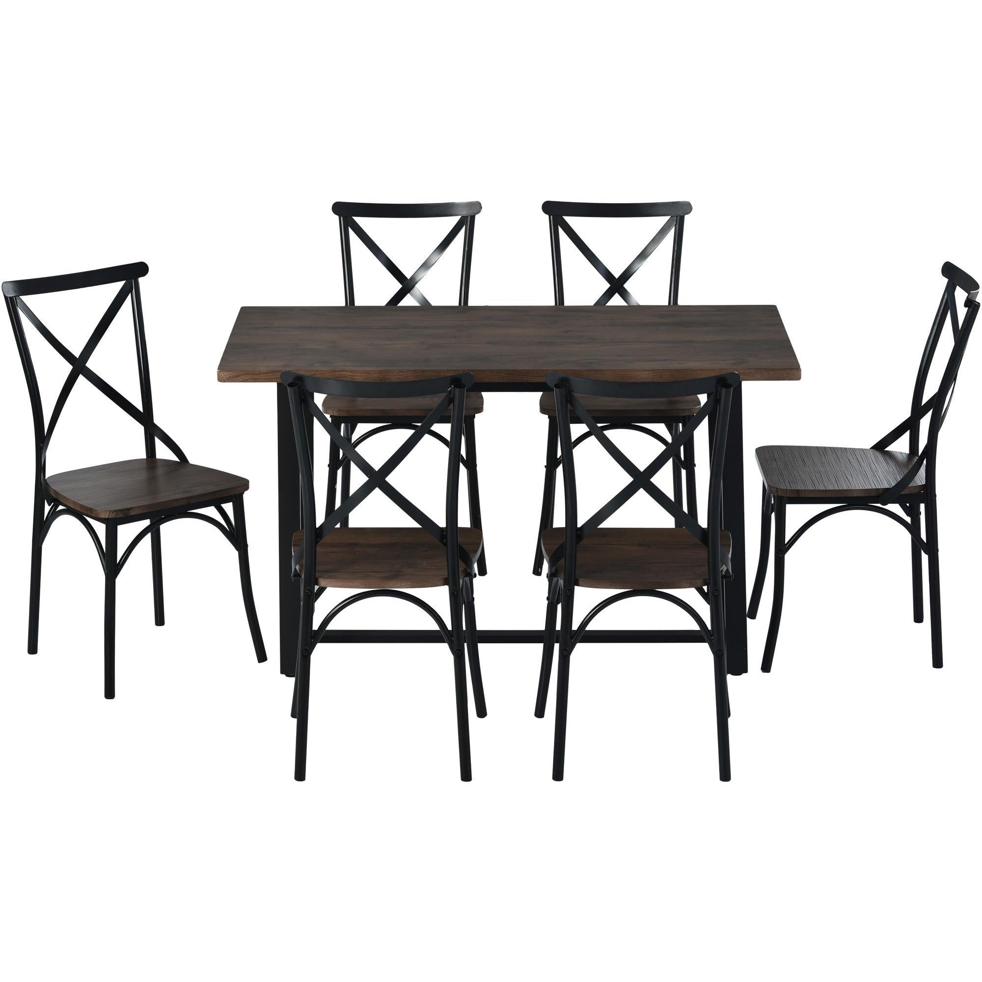 7 Piece Industrial Dining Table Set Rectangular Table with 6 Dining Chairs Kitchen Table Set with Metal Frame (Rustic Brown)