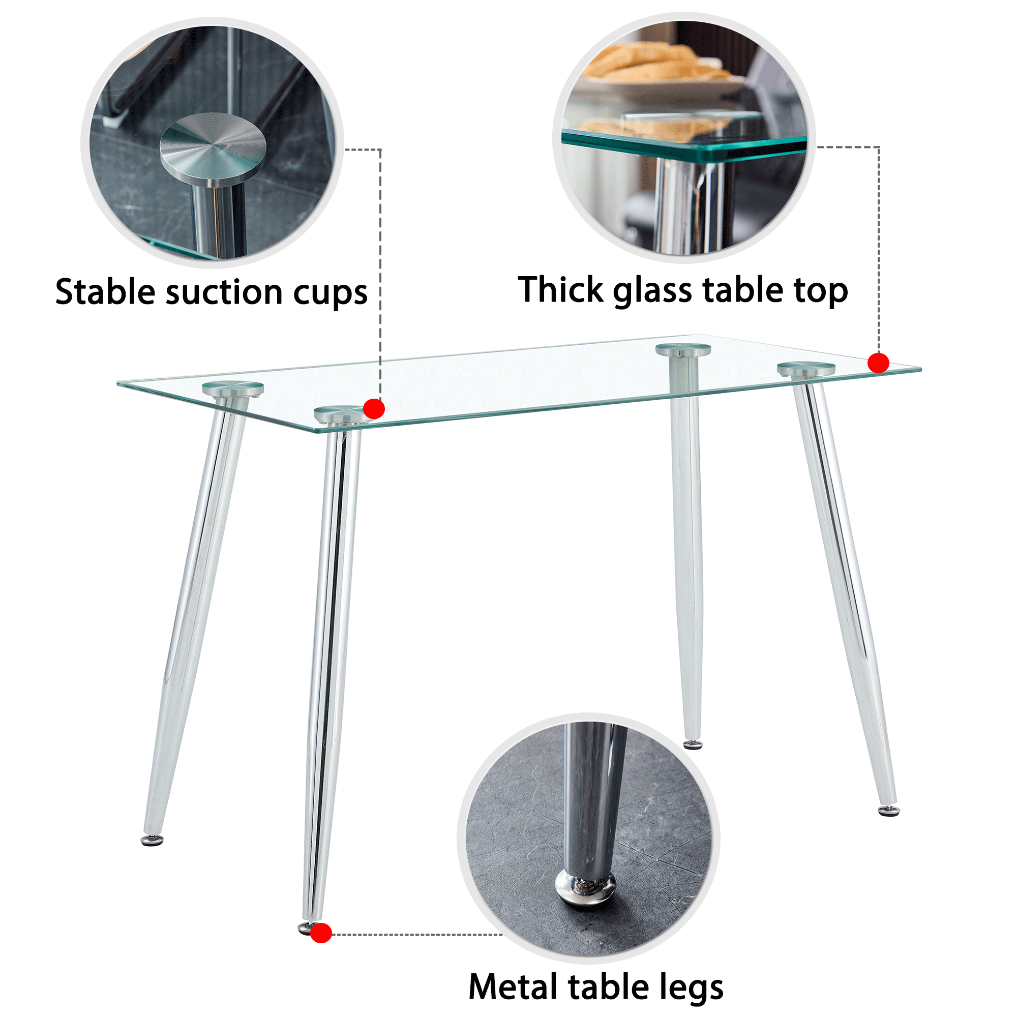 Glass  Dining TableModern Minimalist Rectangular for 4-6 with 0.31" Tempered Glass Tabletop and Silver Chrome Metal Legs, Writing Table Desk, for Kitchen Dining Living Room, 46" W x 23"D x 30" H