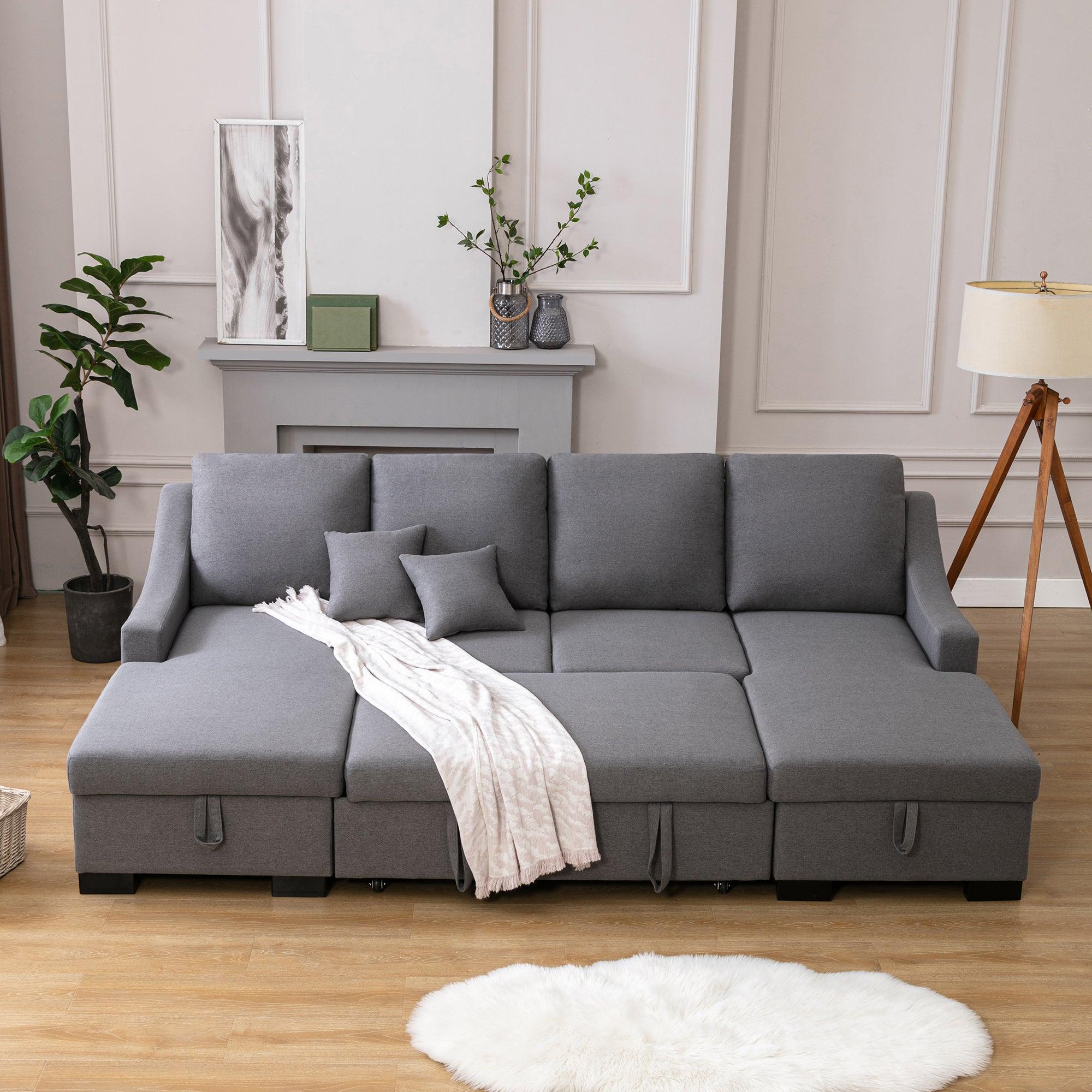 Upholstery Sleeper Sectional Sofa with DoubleStorage Spaces, 2 Tossing Cushions, Grey