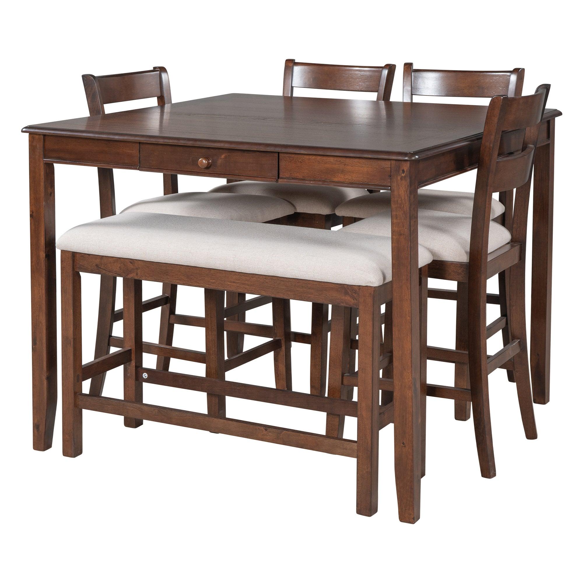 Wood 6-Piece Dining Table Set withStorage Drawer, Counter Height Square Kitchen Set with Upholstered Chair and Bench, Walnut