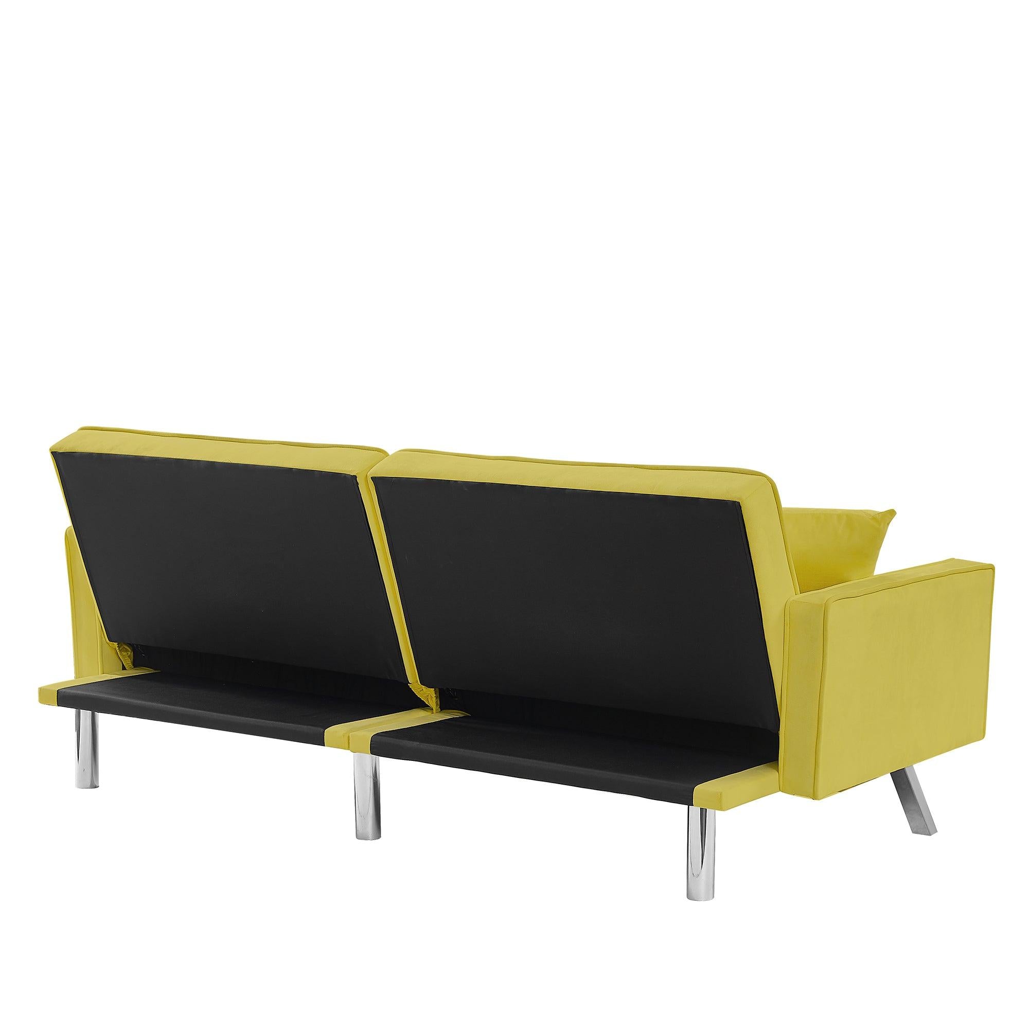 Modern Velvet Sofa Couch Bed with Armrests and 2 Pillows for Living Room and Bedroom .(YELLOW)