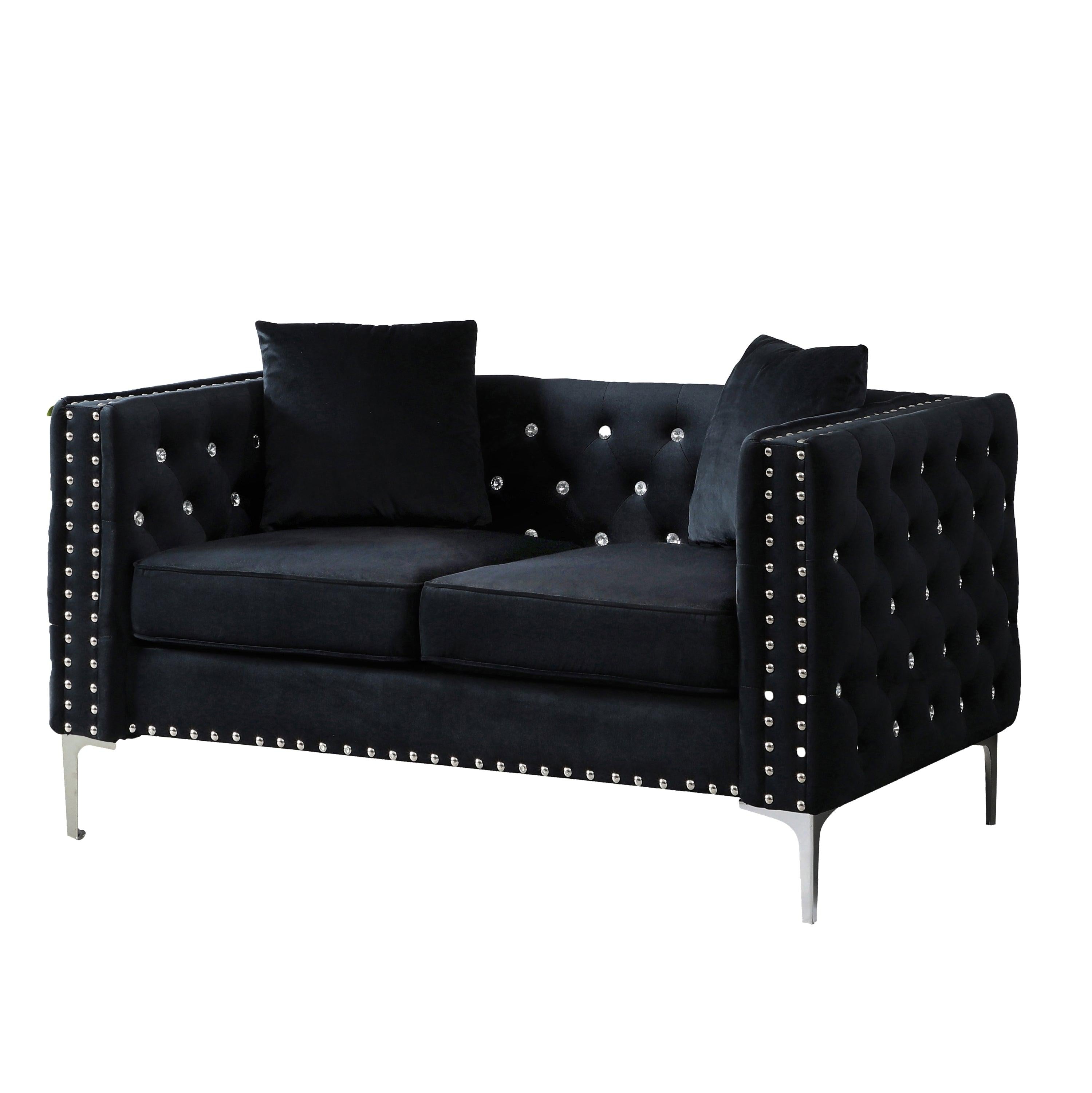 2 PieceModern Velvet Living Room Set with Sofa and Loveseat,Jeweled Button Tufted Copper Nails Square Arms Black,4 Pillows Included