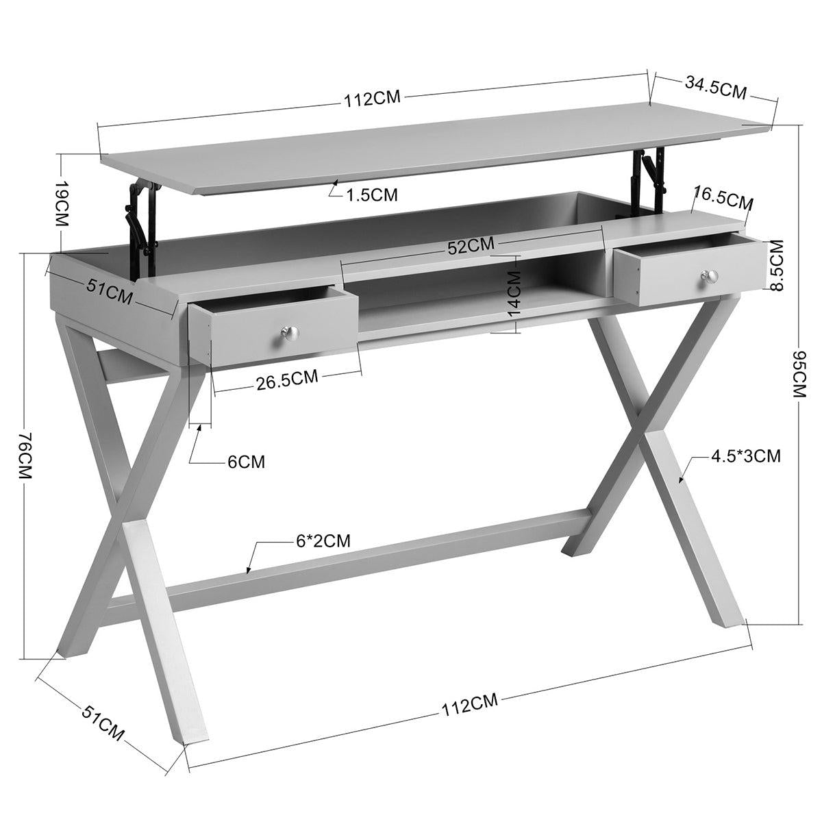 Lift Desk with 2 DrawerStorage, Computer Desk with Lift Table Top, Adjustable Height Table for Home Office, Living Room,grey