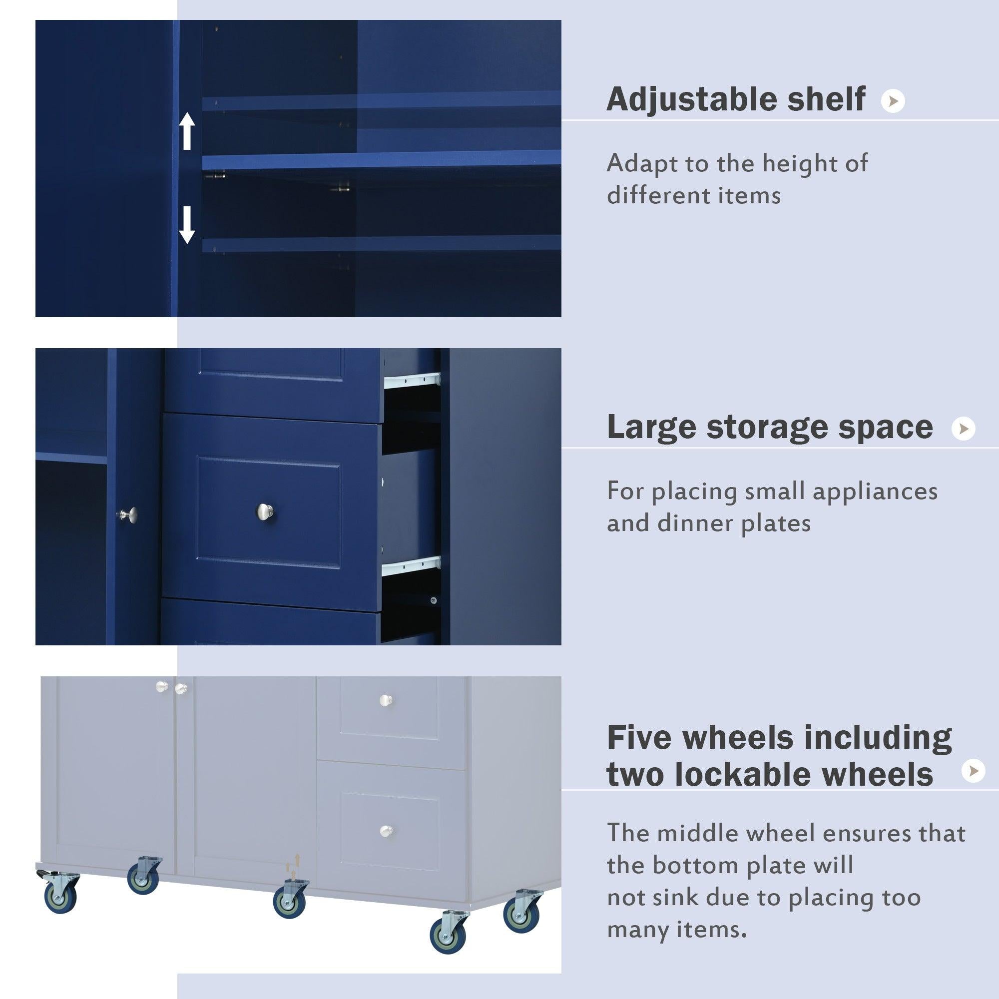 Rolling Mobile Kitchen Island with Drop Leaf - Solid Wood Top, Locking Wheels &Storage Cabinet 52.7 Inch Width（Dark blue）