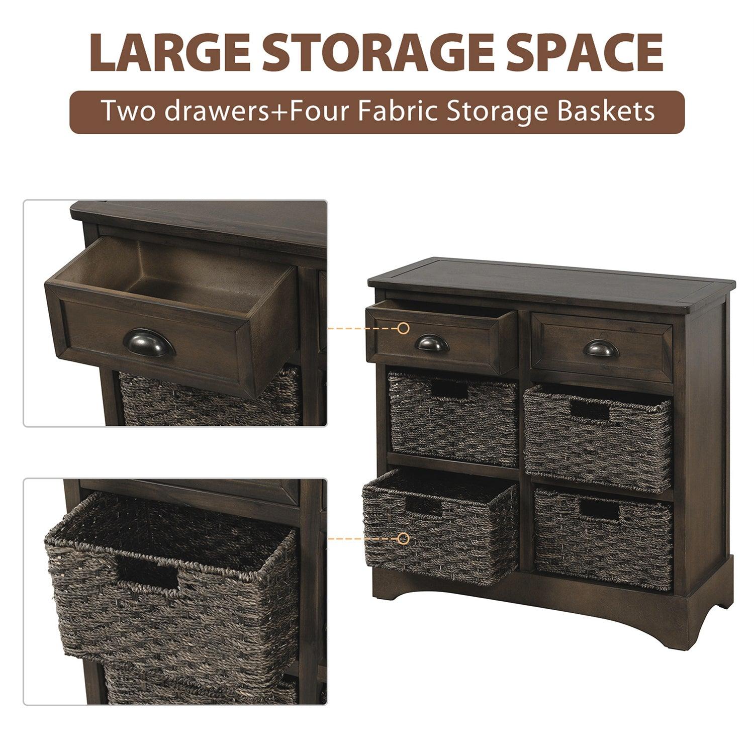 RusticStorage Cabinet with Two Drawers and Four  Classic Rattan Basket for Dining Room/Living Room (Brown Gray)