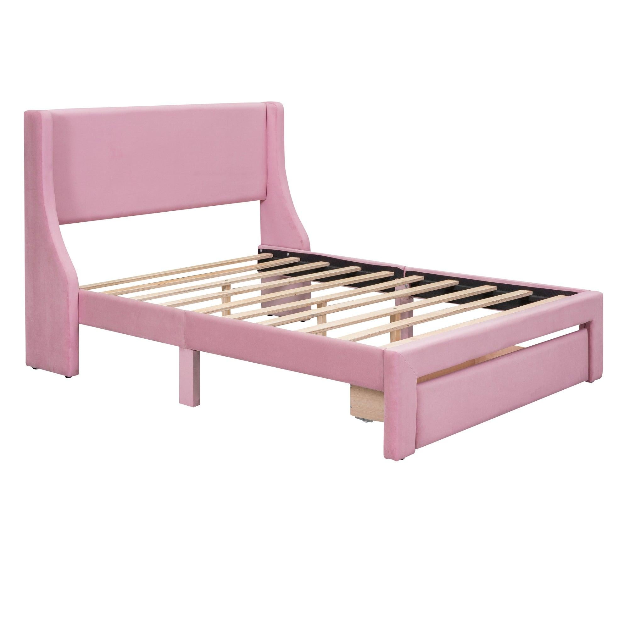 Full SizeStorage Bed Velvet Upholstered Platform Bed with a Big Drawer - Pink