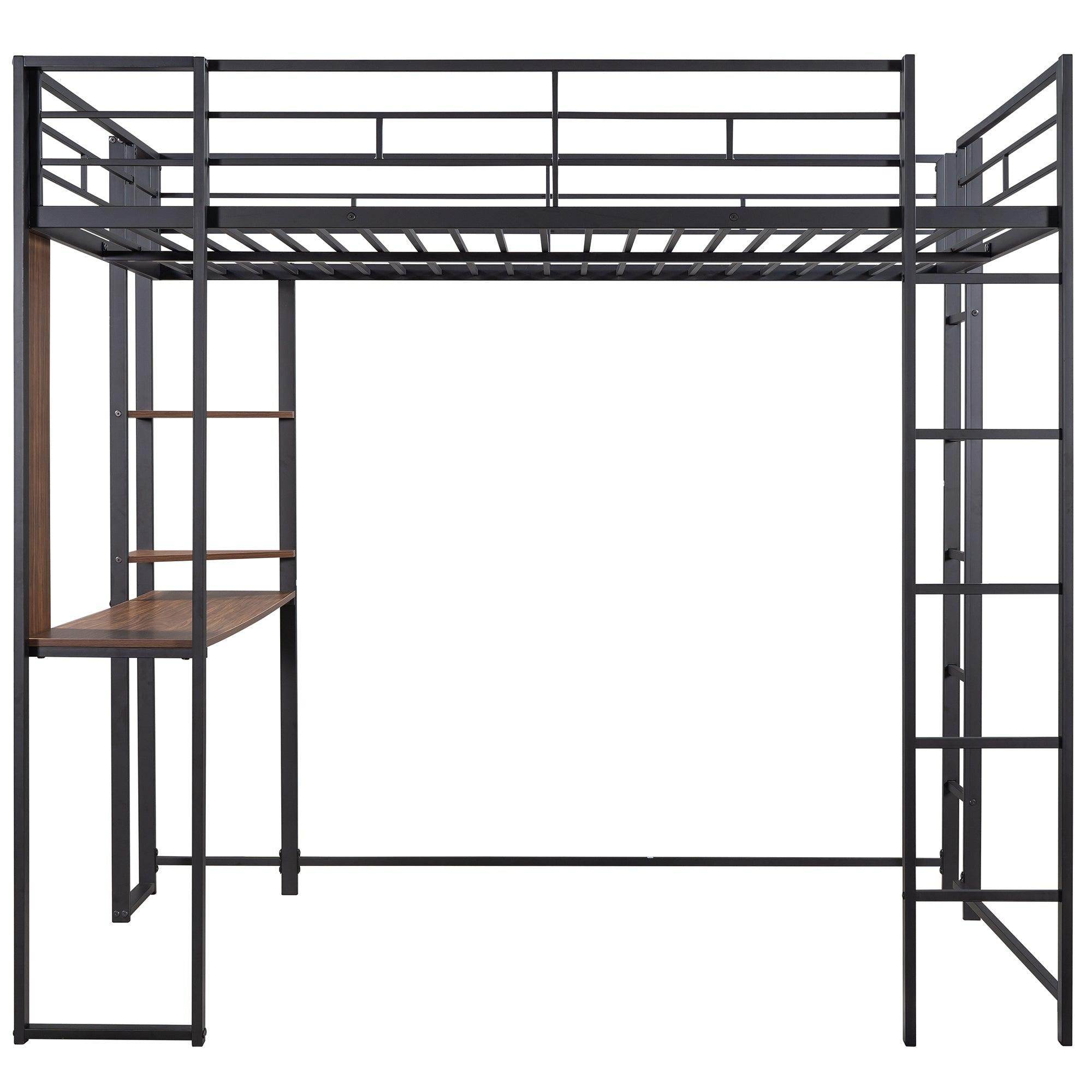 Full Size Metal Loft Bed with 2 Shelves and one Desk ,Black