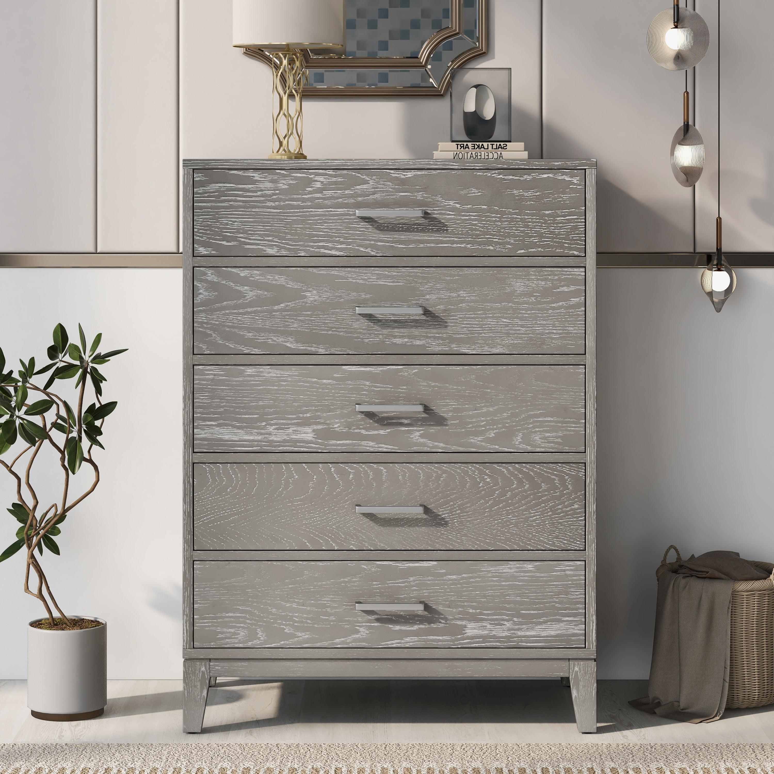 Modern Concise Style Solid wood Grey grain Five-Drawer Chest with Tapered Legs and Smooth Gliding Drawers