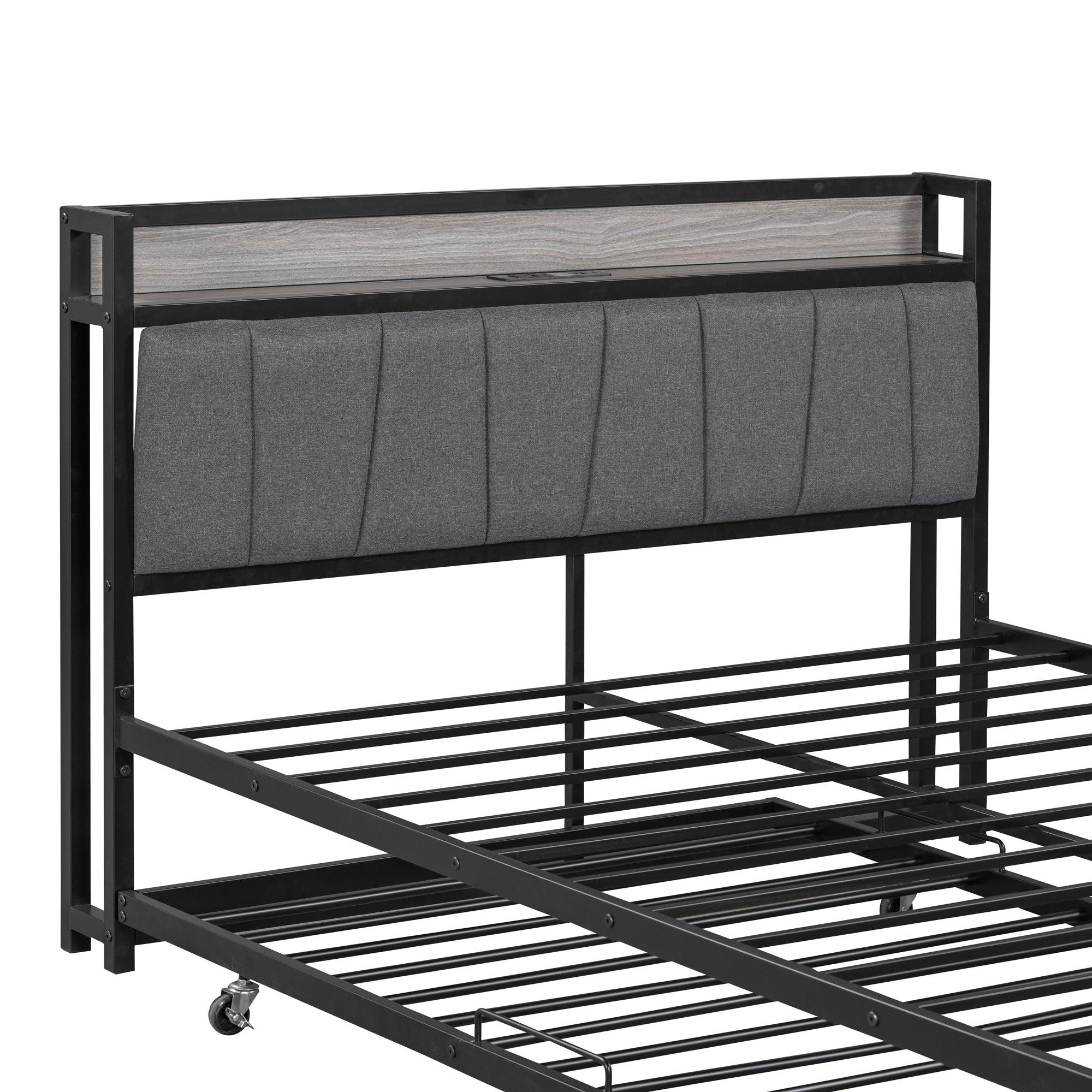 Full Size Metal Platform Bed Frame with Twin size trundle, Upholstered headboard ，Sockets, USB Ports and Slat Support ,No Box Spring Needed，Black