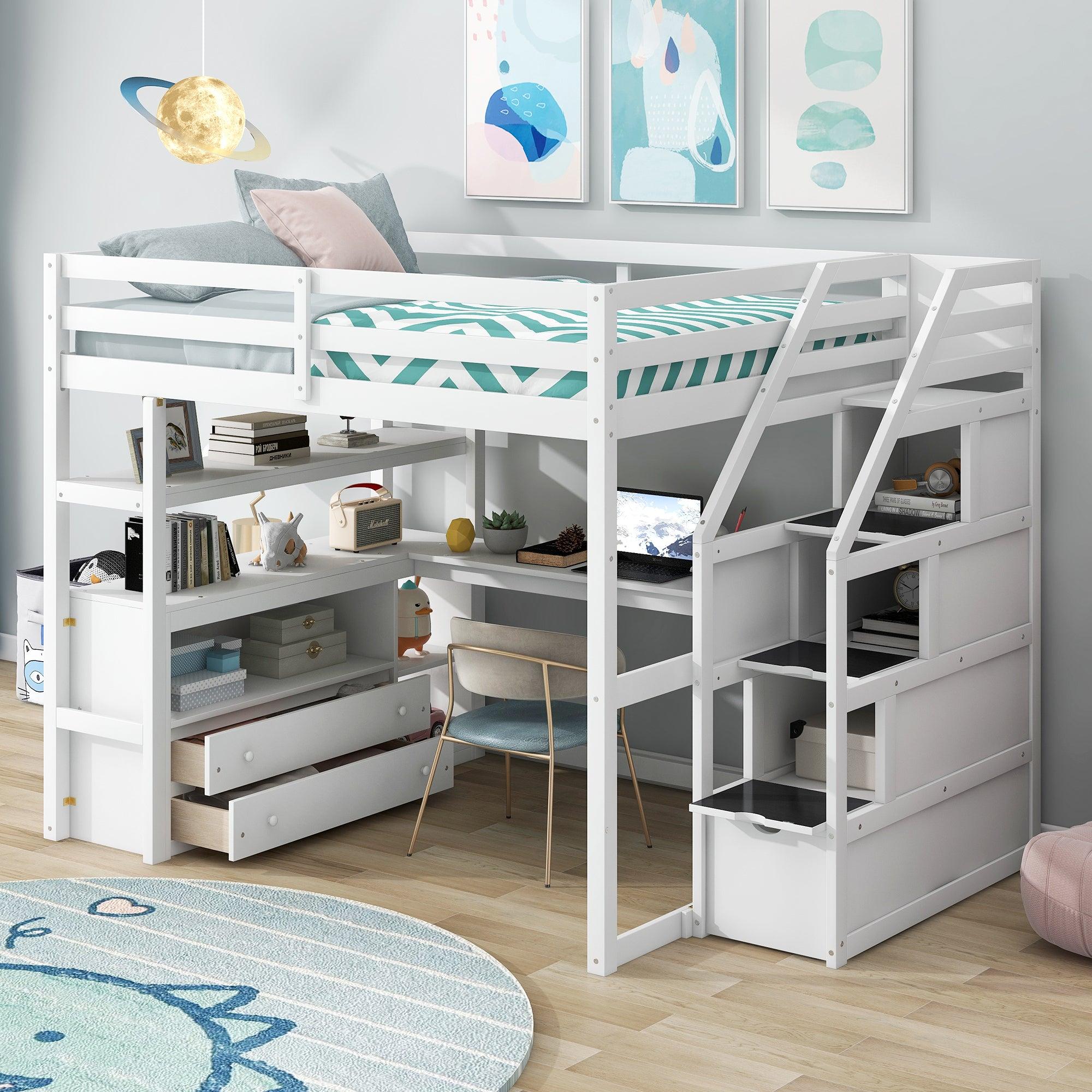 Full Size Loft Bed with Desk and Shelves, Two Built-in Drawers,Storage Staircase, White image