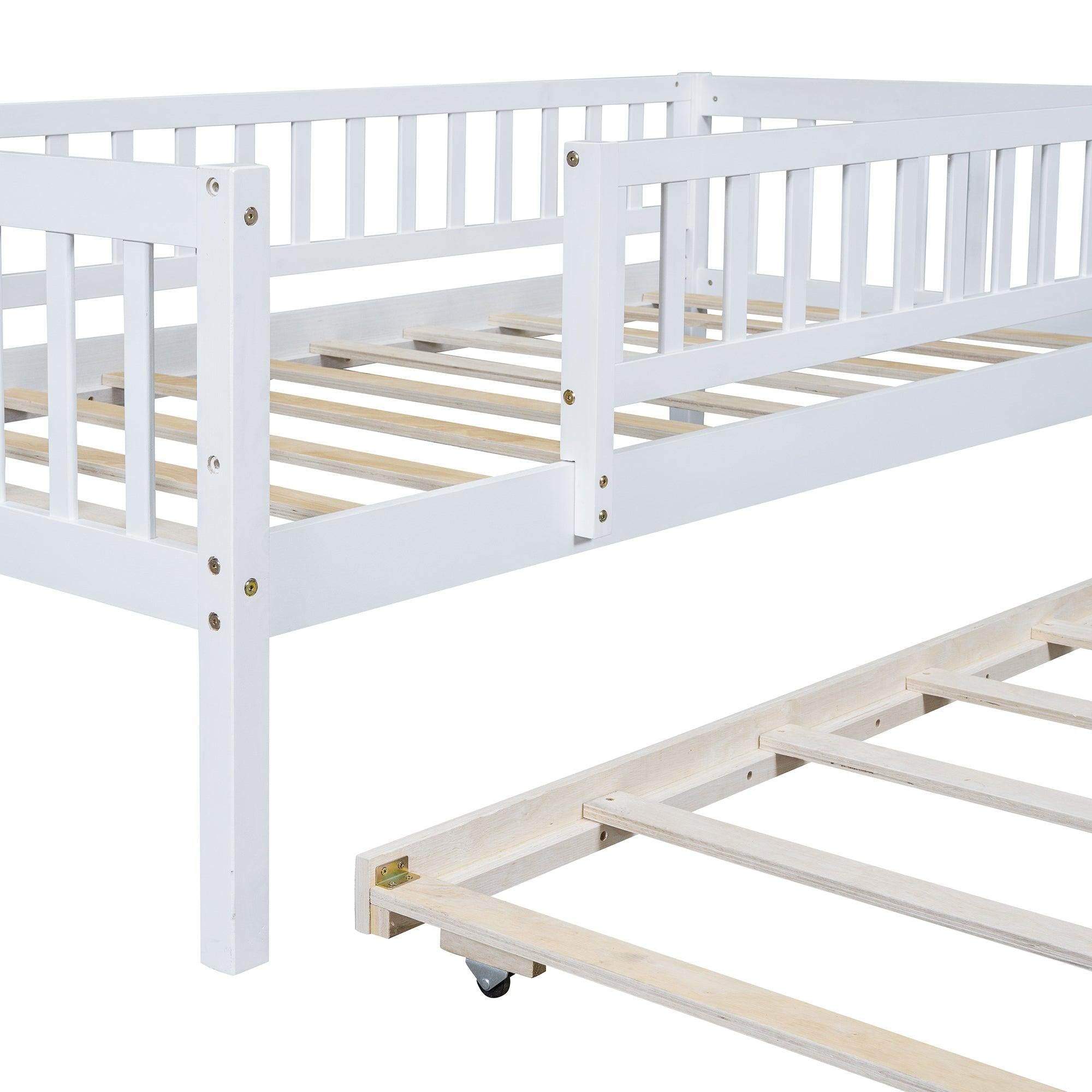 Twin Size Wood Daybed with Trundle and Fence Guardrails, White