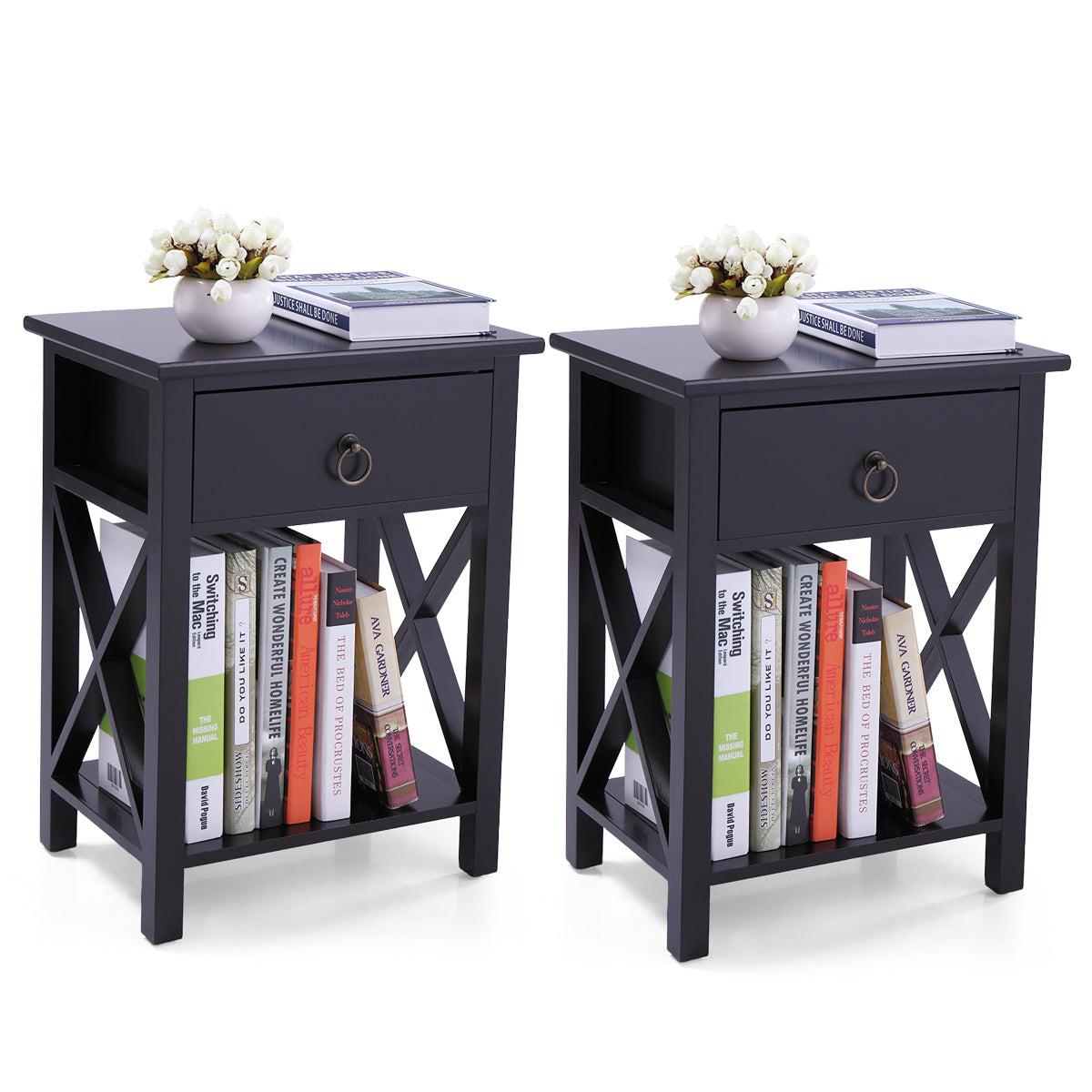 Set of 2 Wooden Nightstand, X-Shaped Sofa Side Table End Table with Drawer and Open Shelf, Bedroom Living Room Furniture, Black image