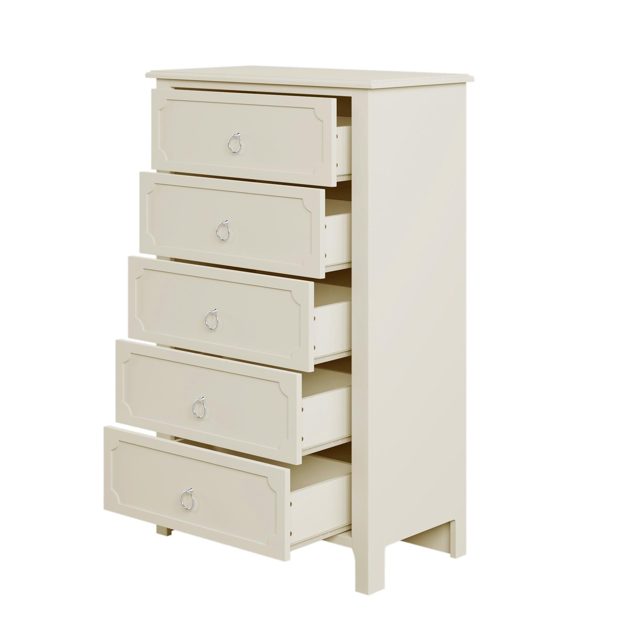 Milky White Rubber Wooden Chest Five Large Drawers Silver Metal Handles for Living Room Guest Room Bedroom