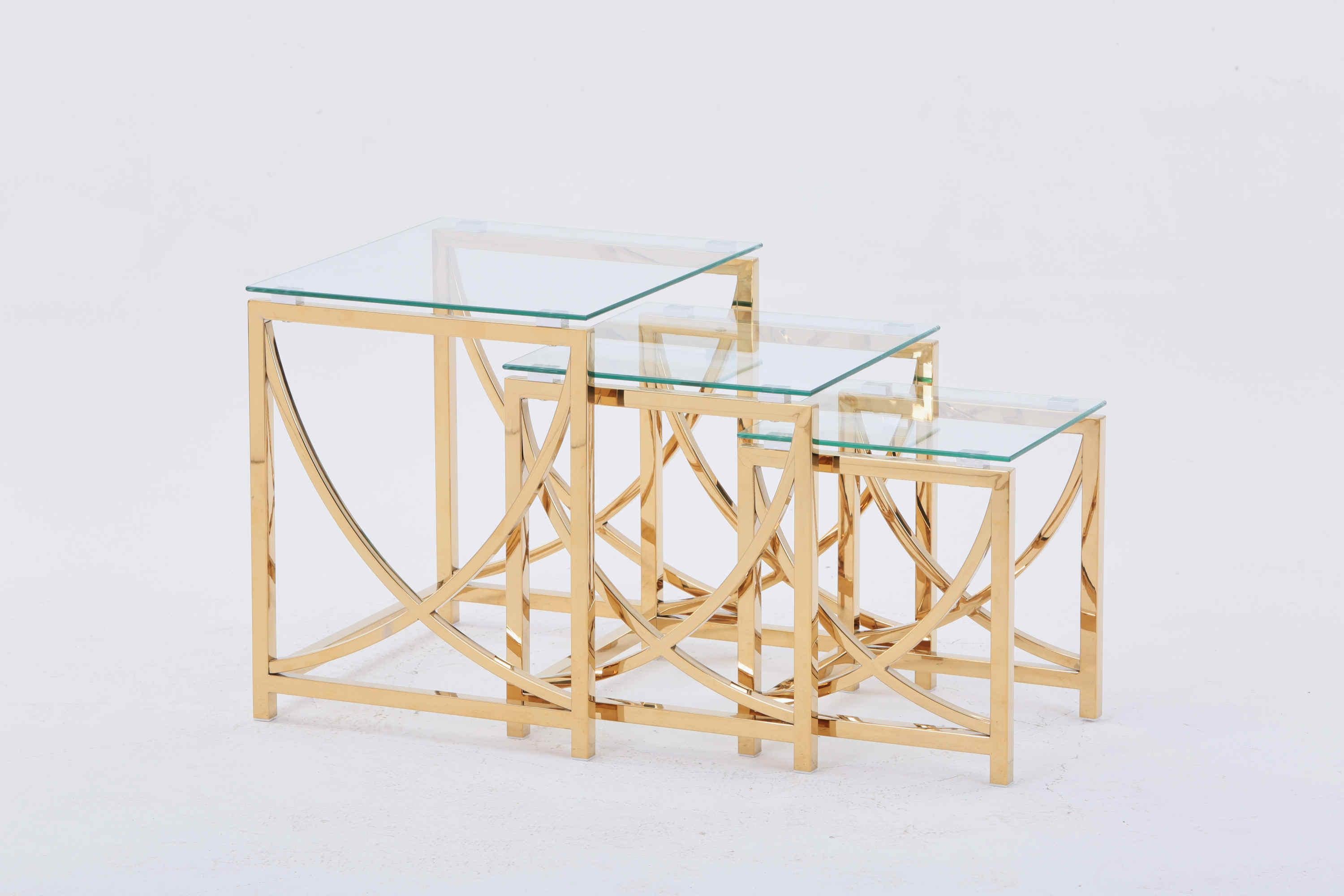 3 Pieces ld Square Nesting Glass End Tables- Small Coffee Table Set- Stainless Steel Small Coffee Tables with Clear Tempered Glass- 18"Modern Minimalist Side Table for Living Room (Curve)