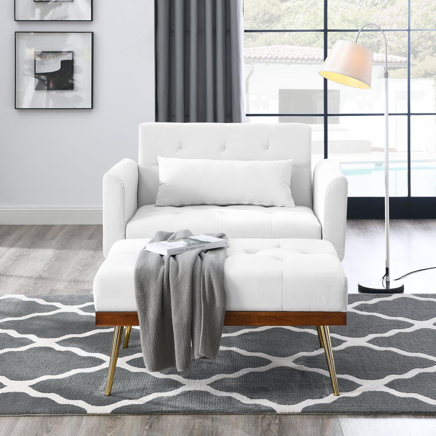 Recline Sofa Chair with Ottoman, Two Arm Pocket and Wood Frame include 1 Pillow, White (40.5”x33”x32”)