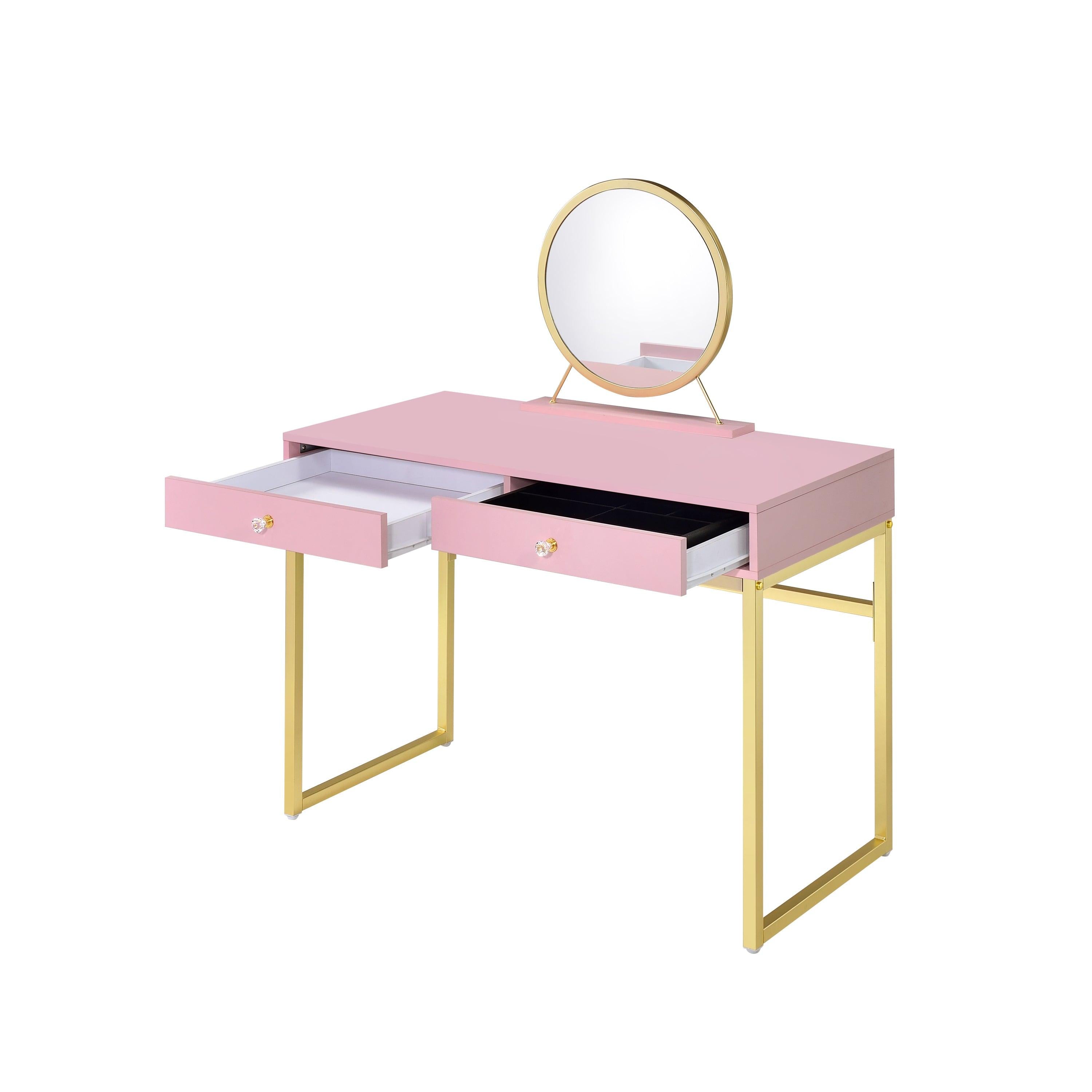 ACME Coleen Vanity Desk w/Mirror & Jewelry Tray in Pink & Gold Finish AC00668