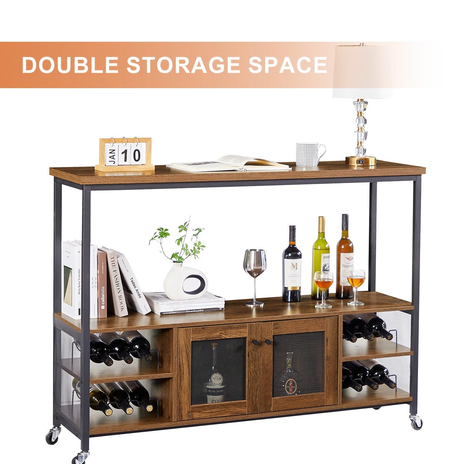 Wine shelf table,Modern wine bar cabinet, console table, bar table, TV cabinet, sideboard withStorage compartment, can be used in living room, dining room, kitchen, entryway, hallway. Hazelnut Brown