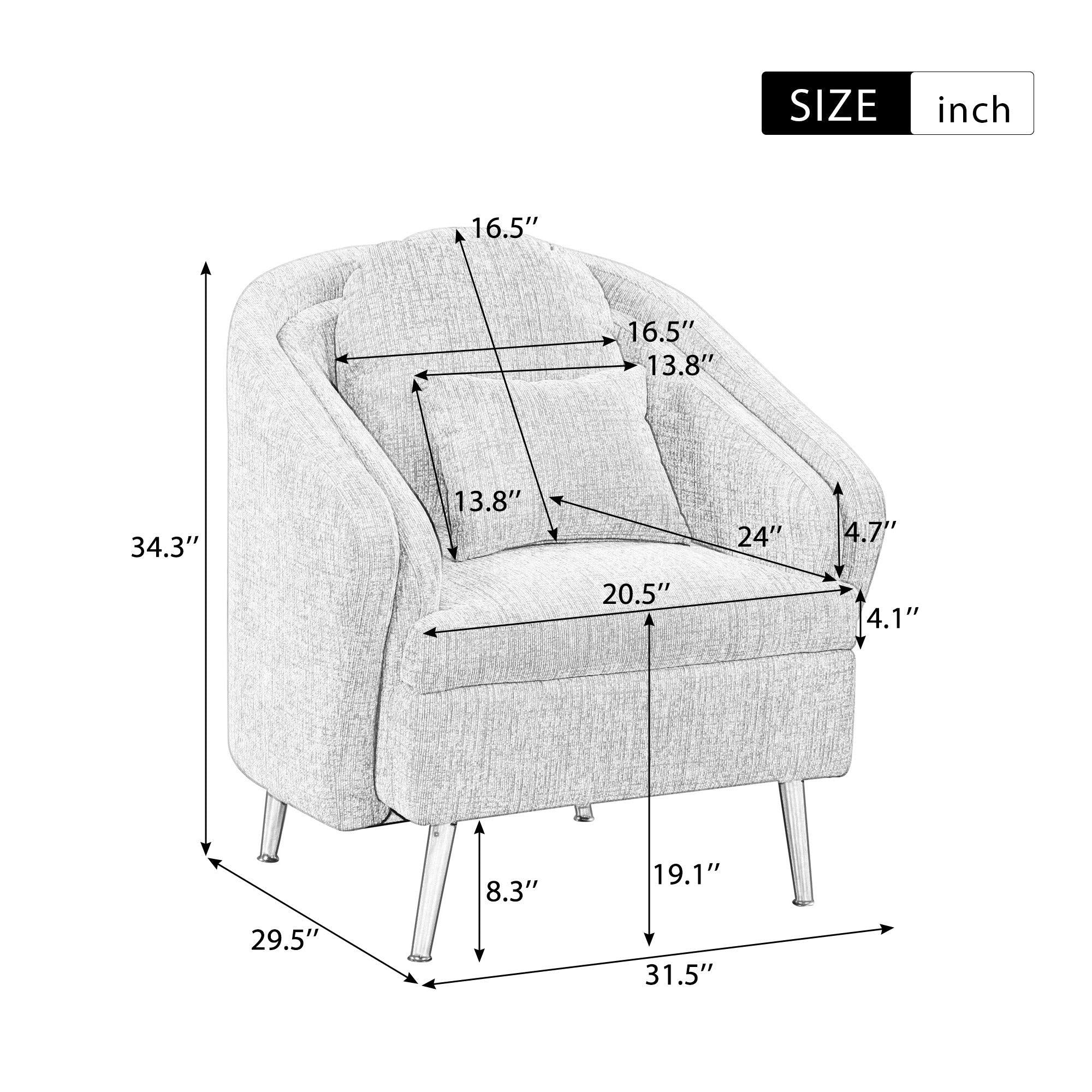 Mid-Century Accent Chair Arm Chair with Lumbar Pillow and Metal legs, Upholstered Accent Chair for Living Room, Bedroom,Light Grey