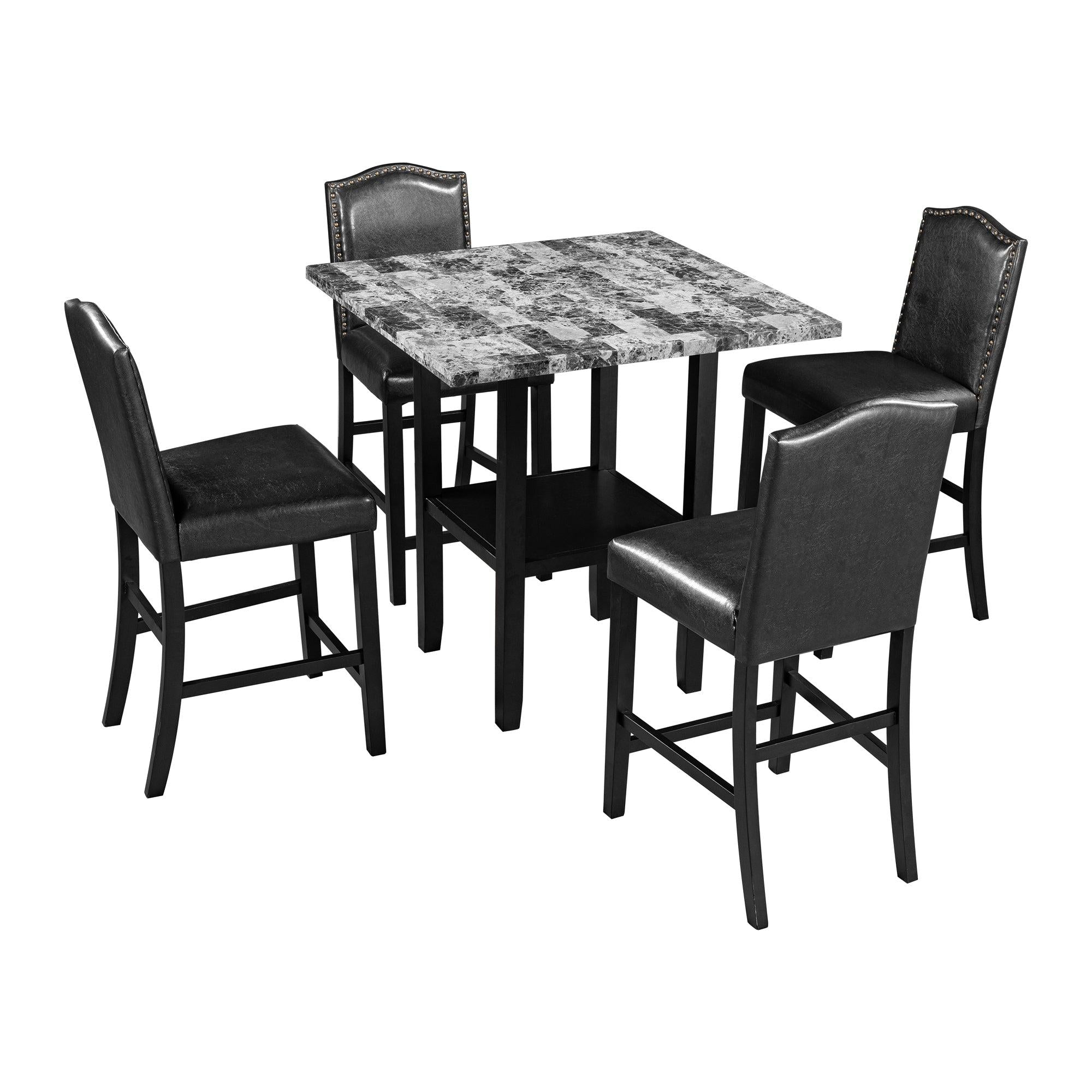 5 Piece Dining Set with Matching Chairs and Bottom Shelf for Dining Room, Black Chair+Gray Table