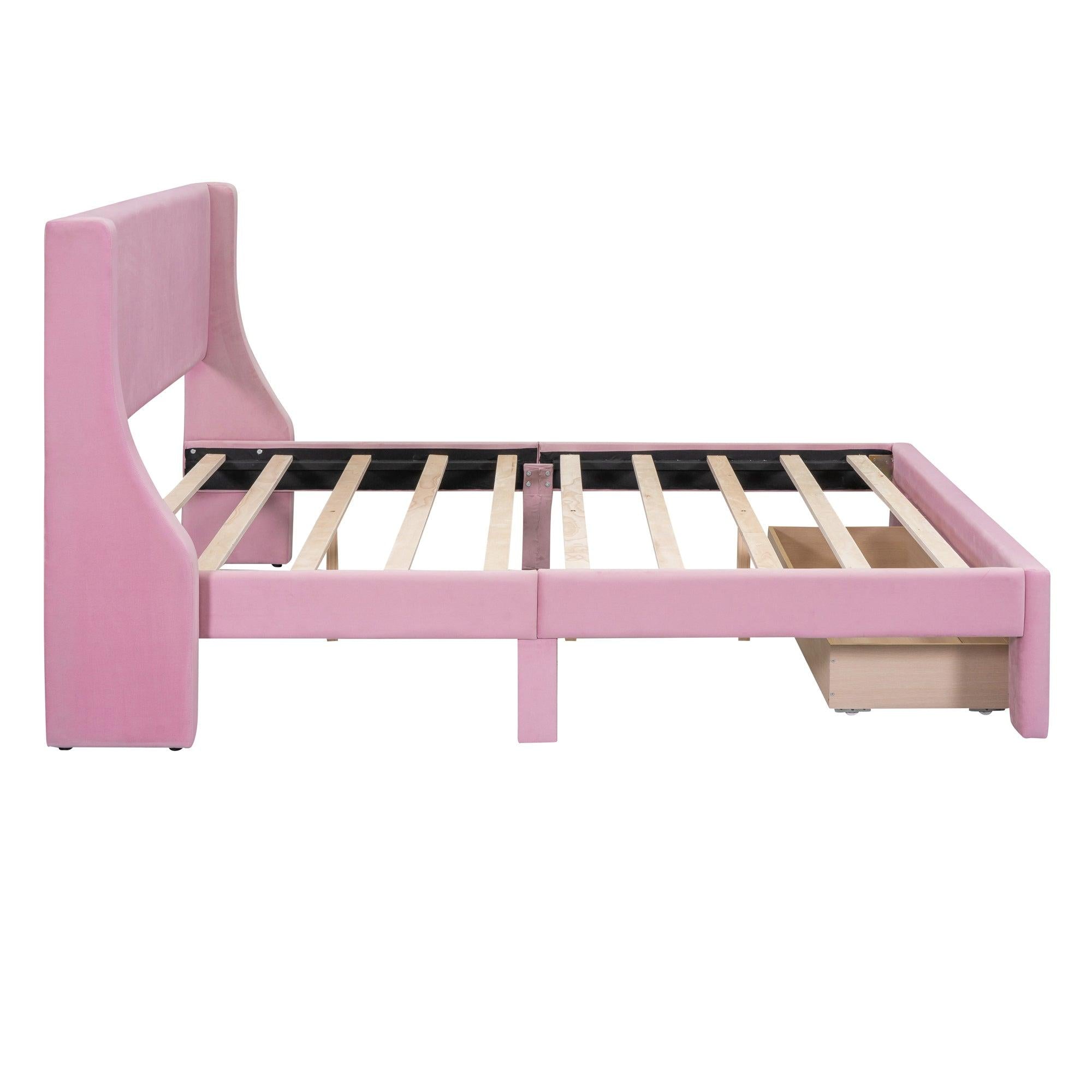 Queen SizeStorage Bed Velvet Upholstered Platform Bed with a Big Drawer - Pink