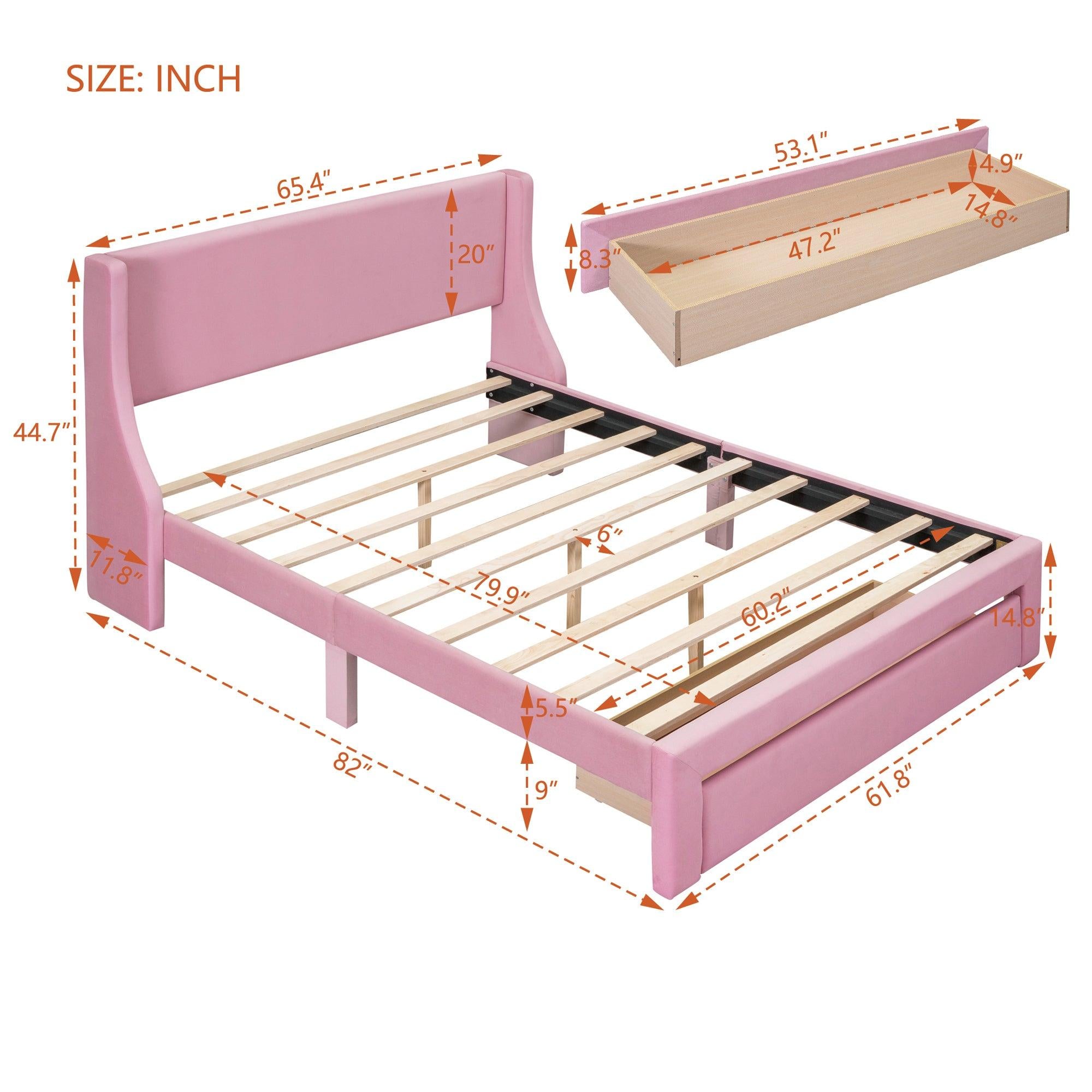 Queen SizeStorage Bed Velvet Upholstered Platform Bed with a Big Drawer - Pink