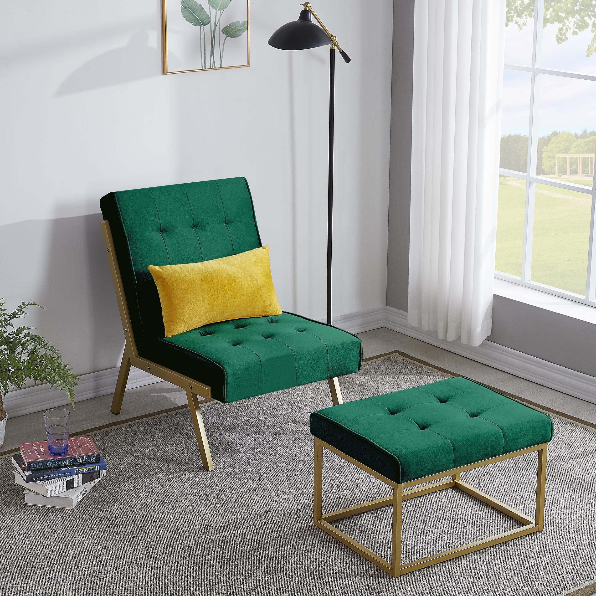 Gold Metal Frame Velvet Upholstery Chair with Ottoman(Green)