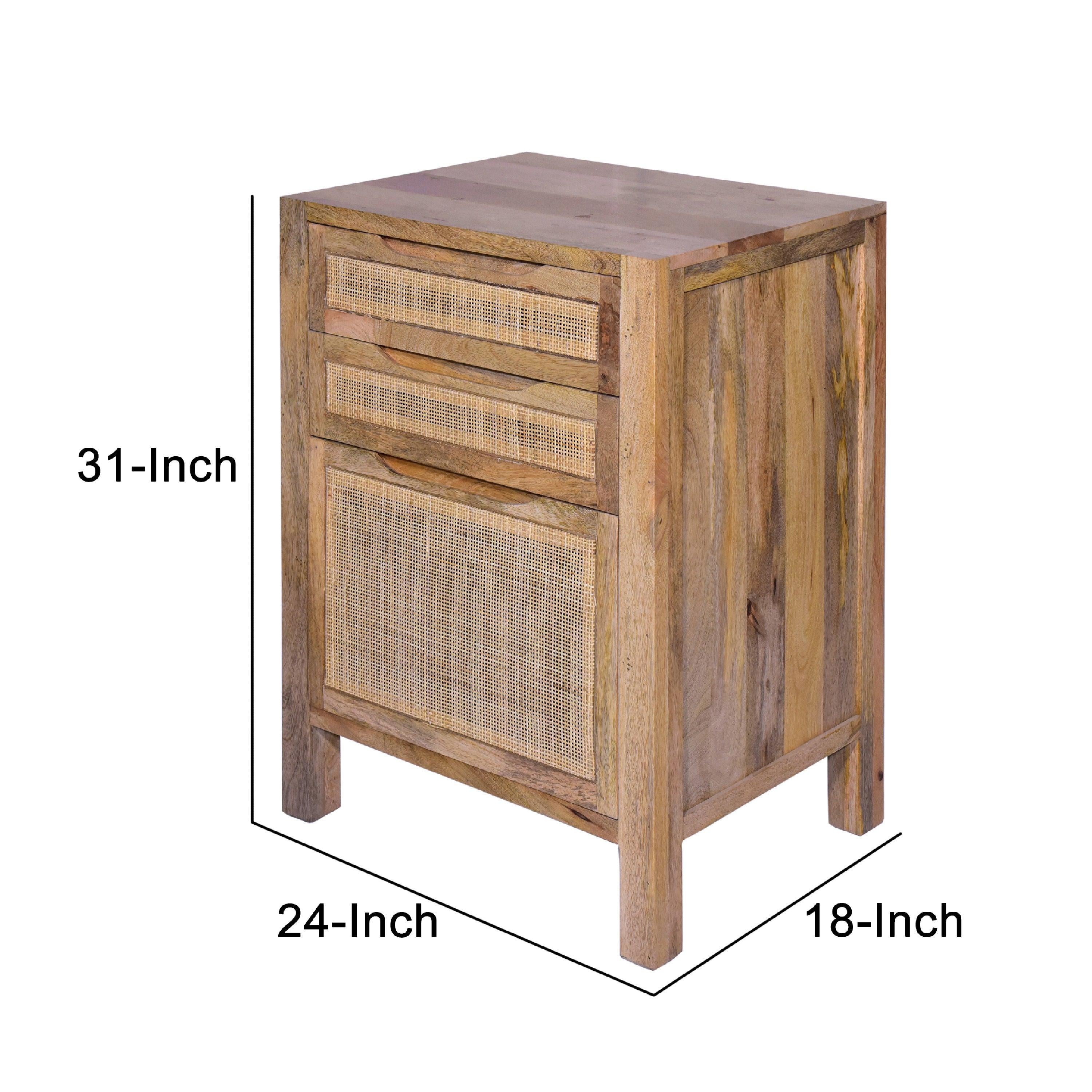 Ryan 31 Inch Cottage ManWoodStorage Cabinet Table, Cane Rattan Panels, 3 Drawers, Natural Brown