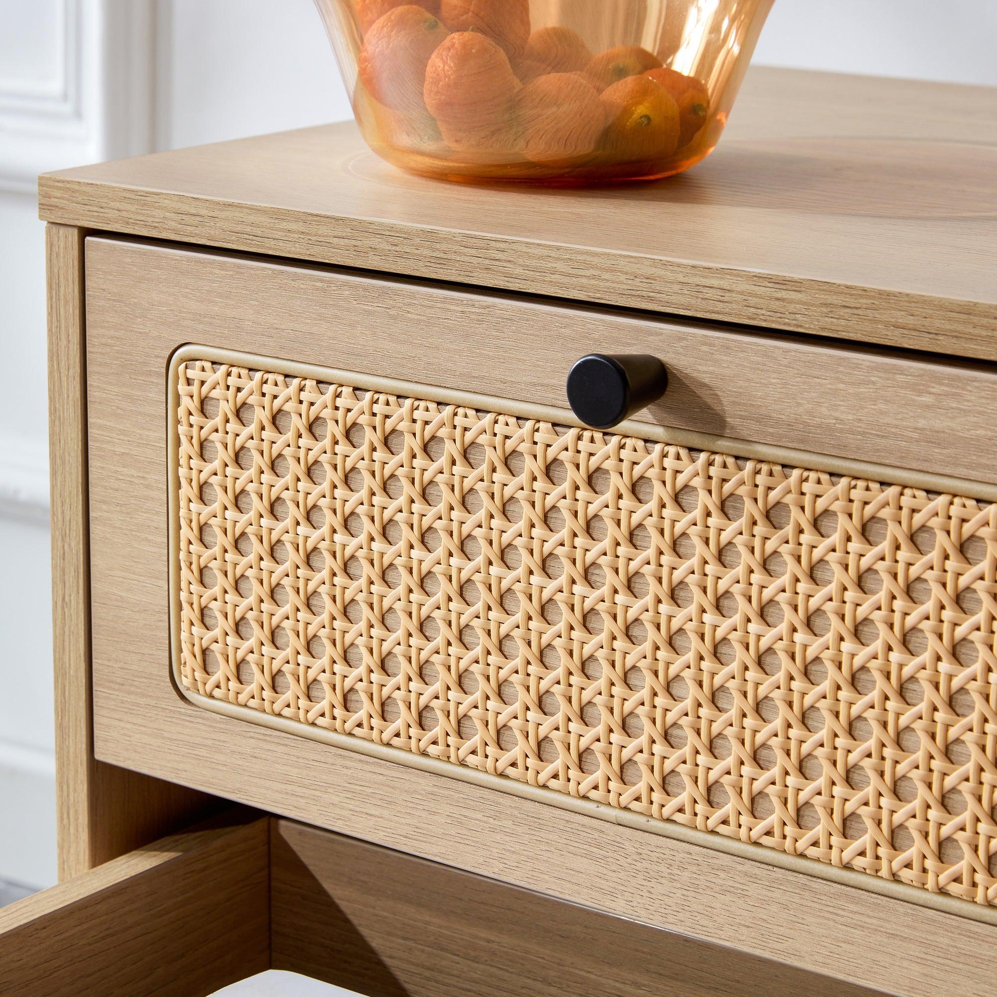 Modern simpleStorage cabinet MDF Board bedside cabinet Japanese rattan bedside cabinet Small household furniture bedside table.Applicable to dressing table in bedroom, porch, living room.2 Drawers