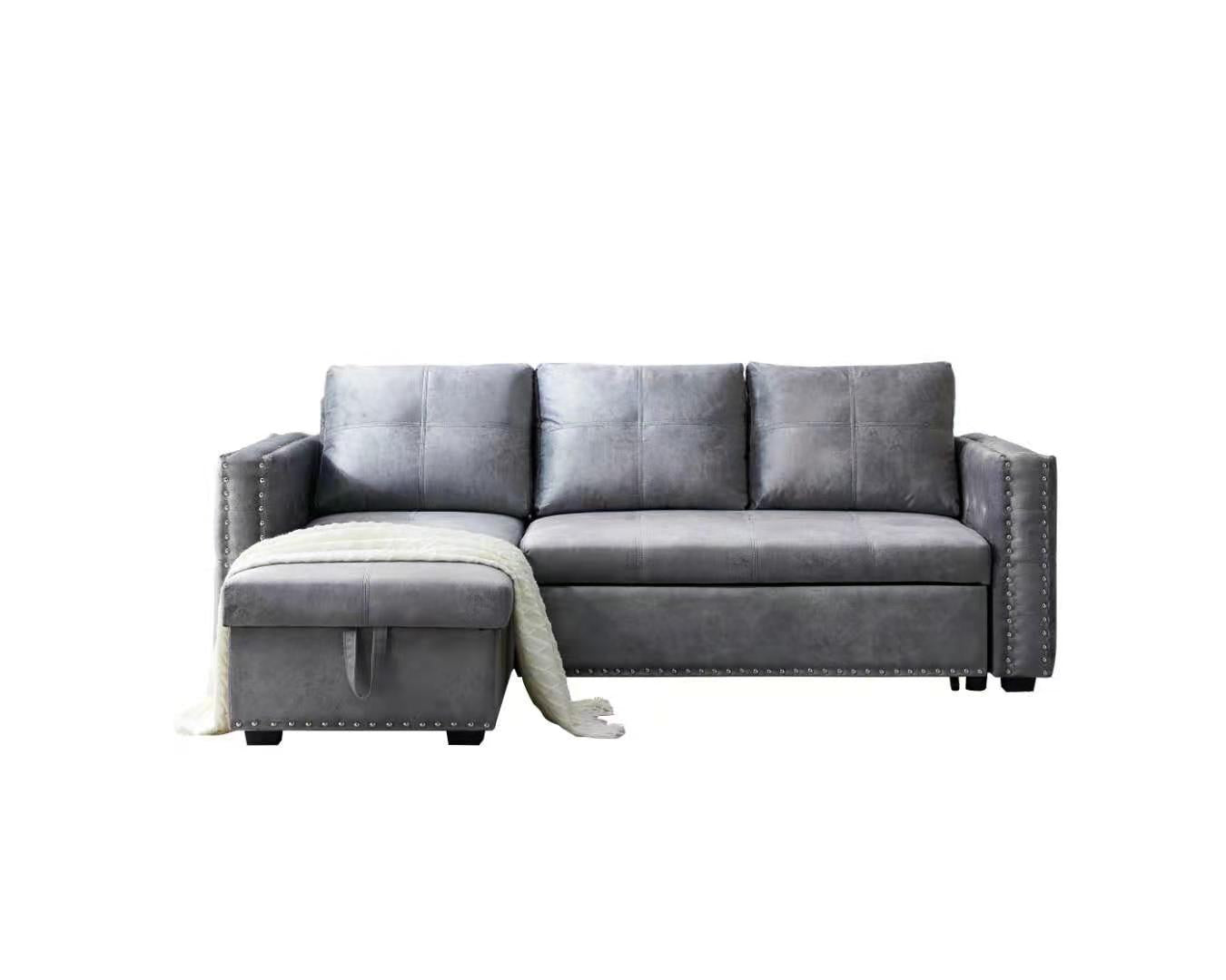 Sectional sofa with pulled out bed,  2 seats sofa and reversible chaise withStorage, both hands with copper nail, GREY, (91" x 64" x 37")