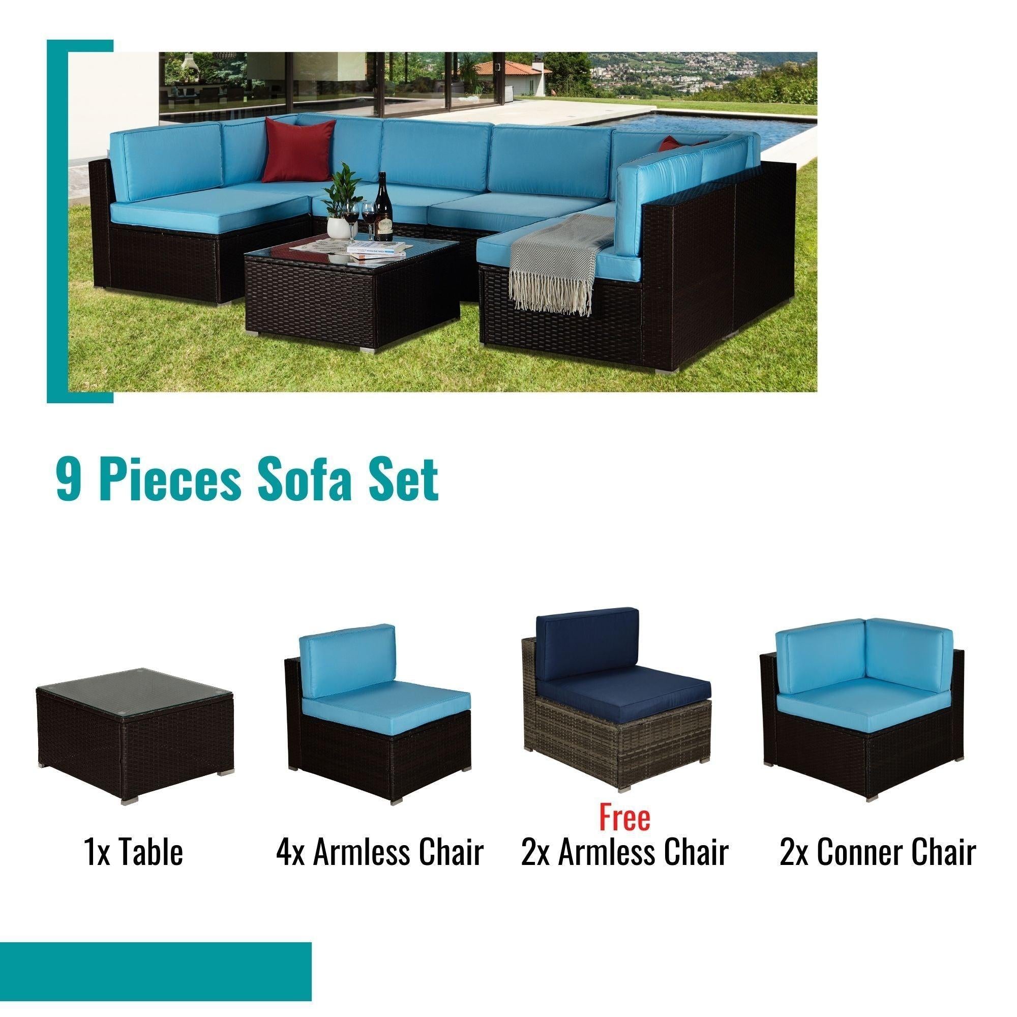 Outdoor Garden Patio Furniture 9-Piece Brown PE Rattan Wicker Sectional Blue Cushioned Sofa Sets