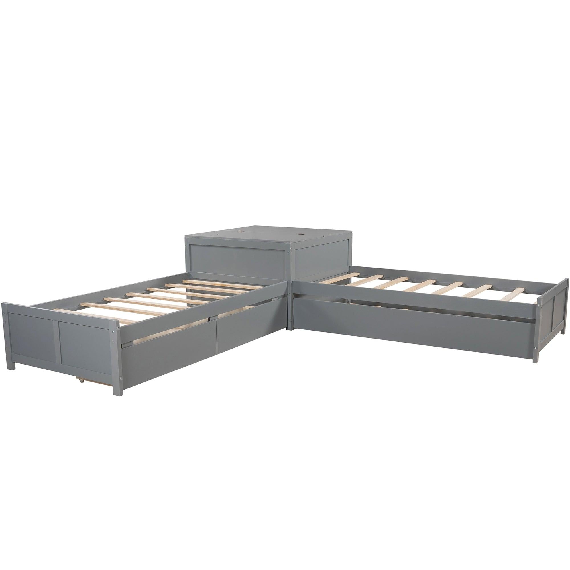 L-shaped Platform Bed with Trundle and Drawers Linked with built-in Flip Square Table,Twin,Gray