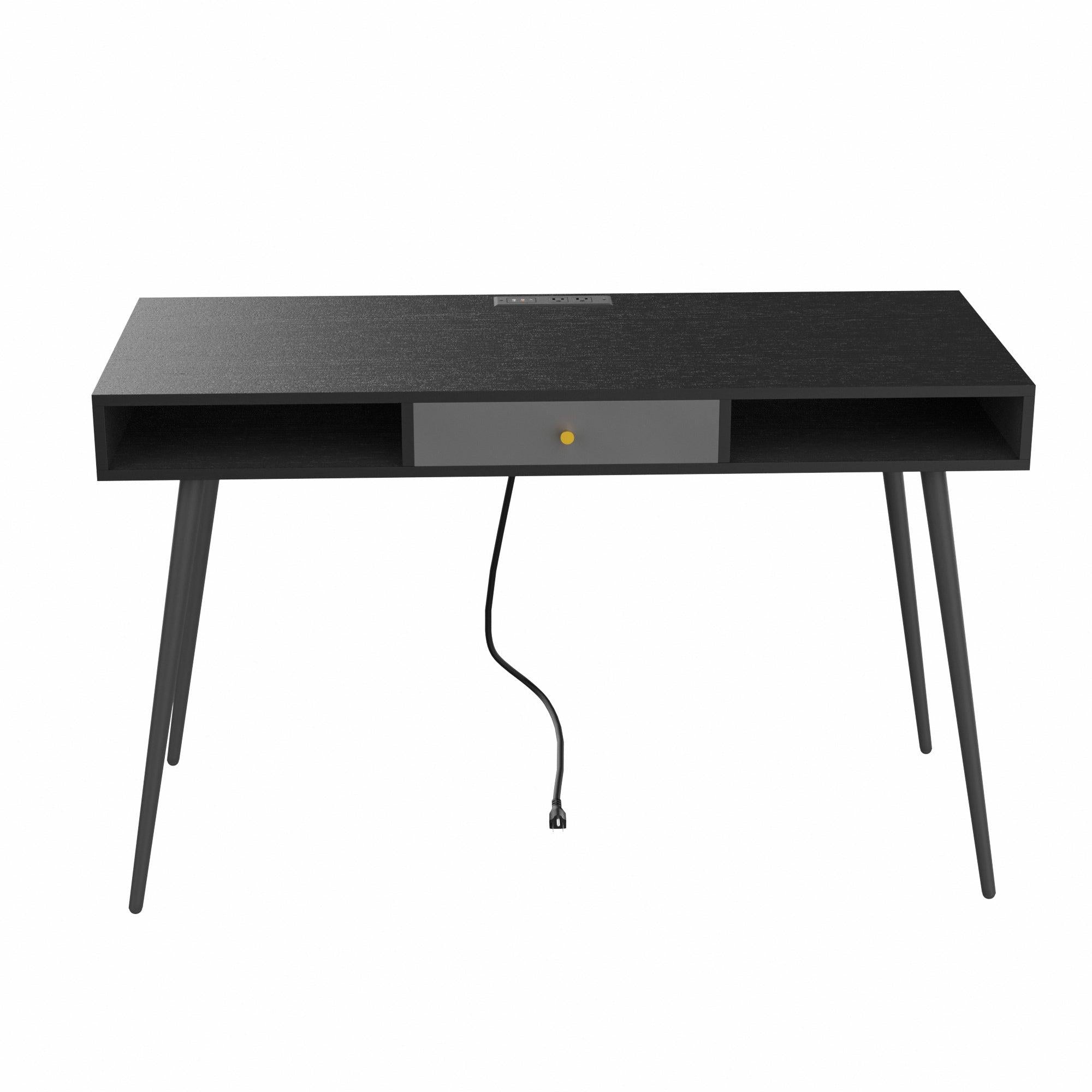 Mid Century Desk with USB Ports and Power Outlet,Modern Writing Study Desk with Drawers, Multifunctional Home Office Computer Desk Black