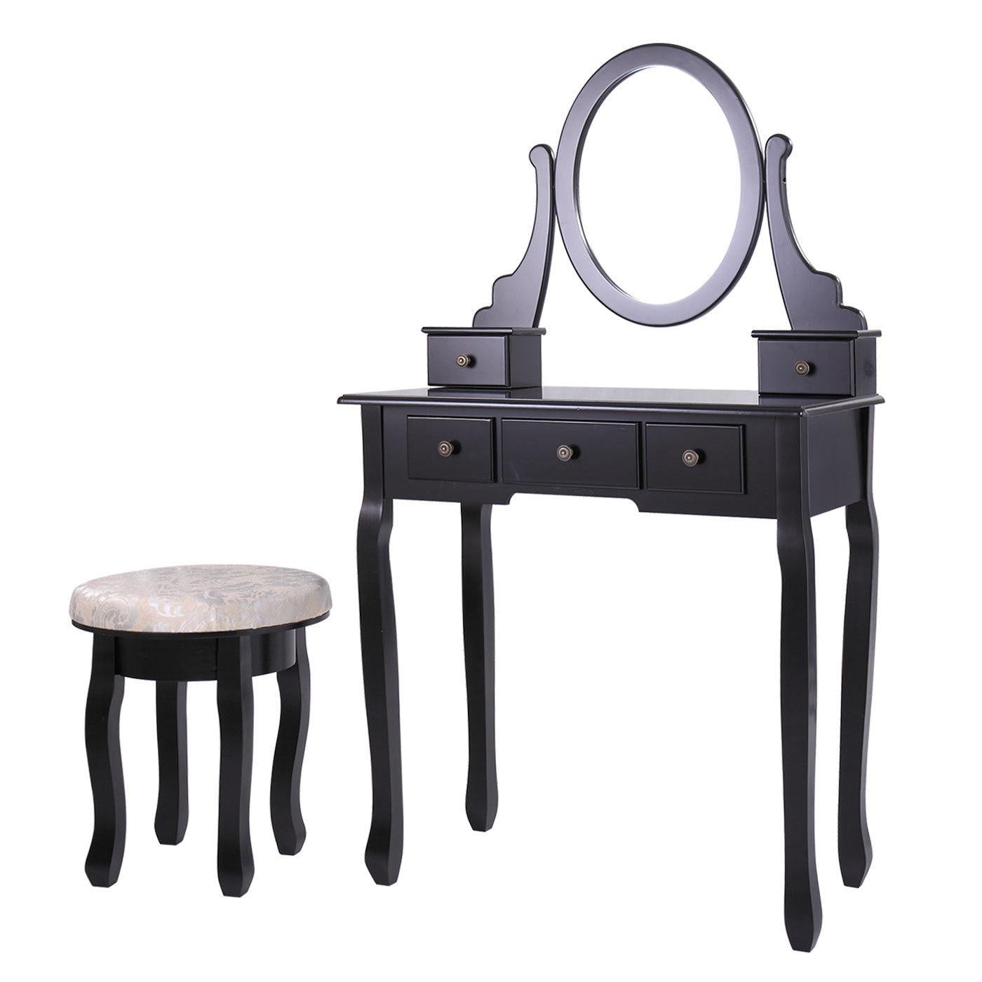 Makeup Desk Vanity Dressing Table Set W/ Round Mirror Stool 5Storage Drawers