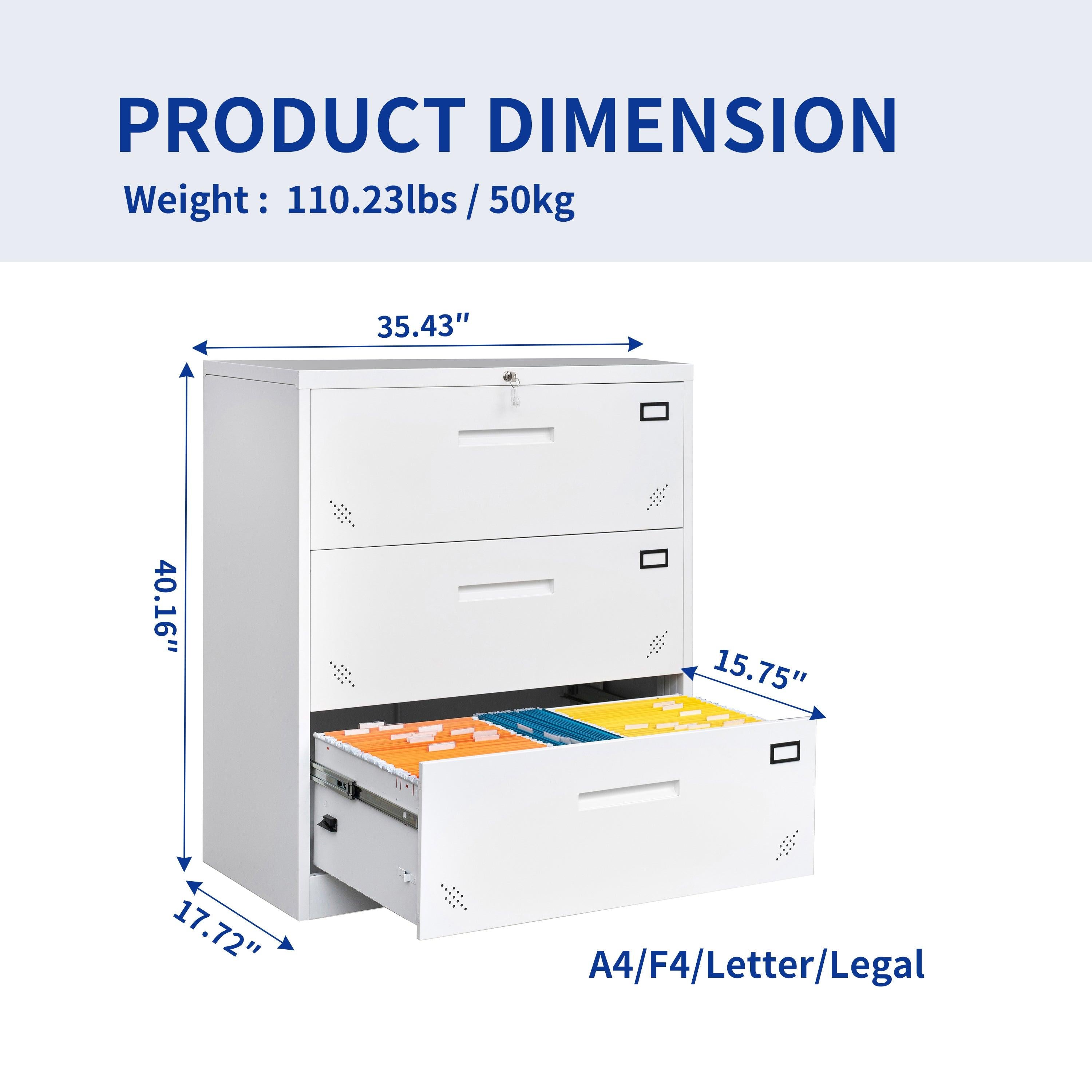 3 Drawer Lateral Filing Cabinet for Legal/Letter A4 Size, Large Deep Drawers Locked by Keys, Locking Wide File Cabinet for Home Office, Metal Steel