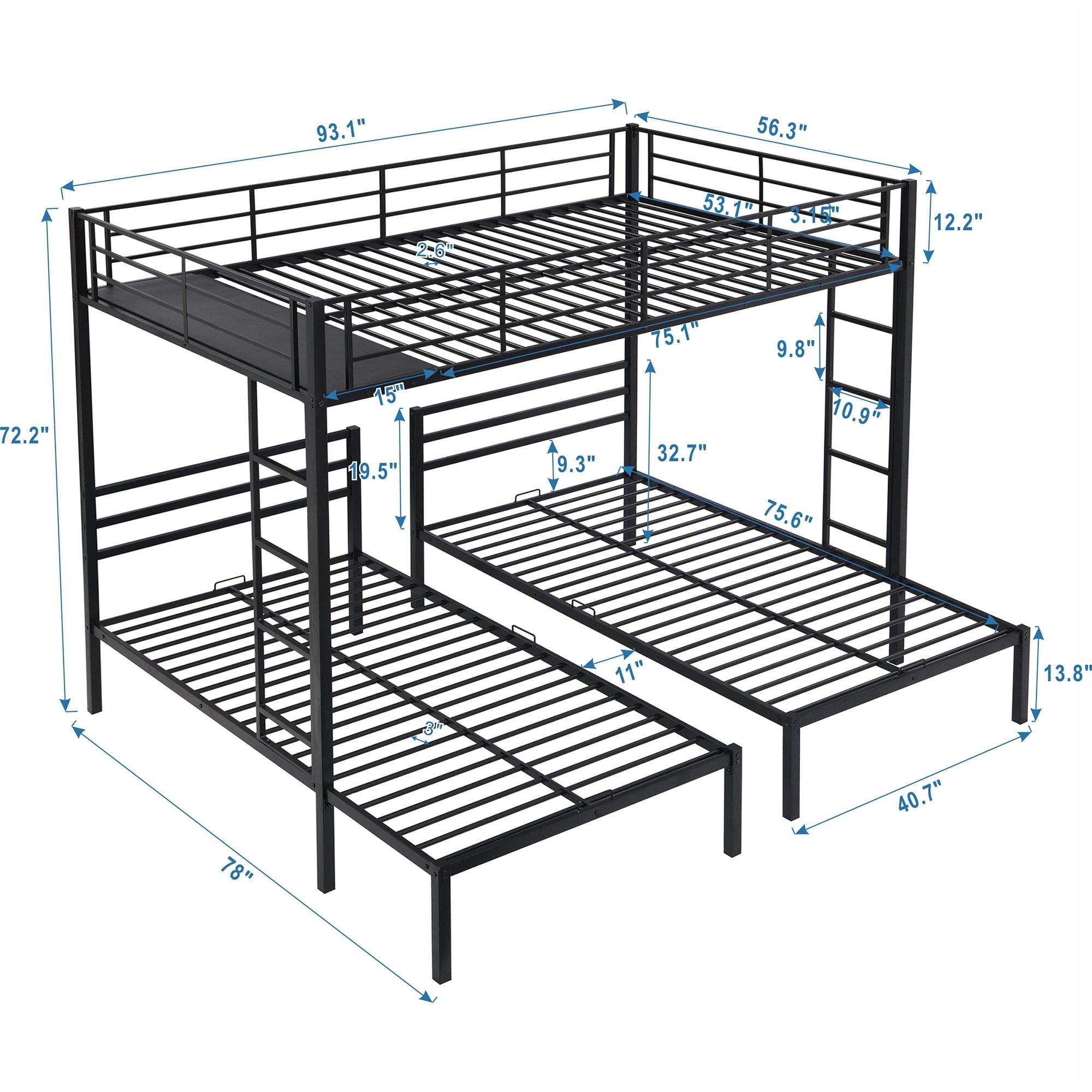 Full over Twin&Twin Size Bunk Bed with Built-in Shelf, Black