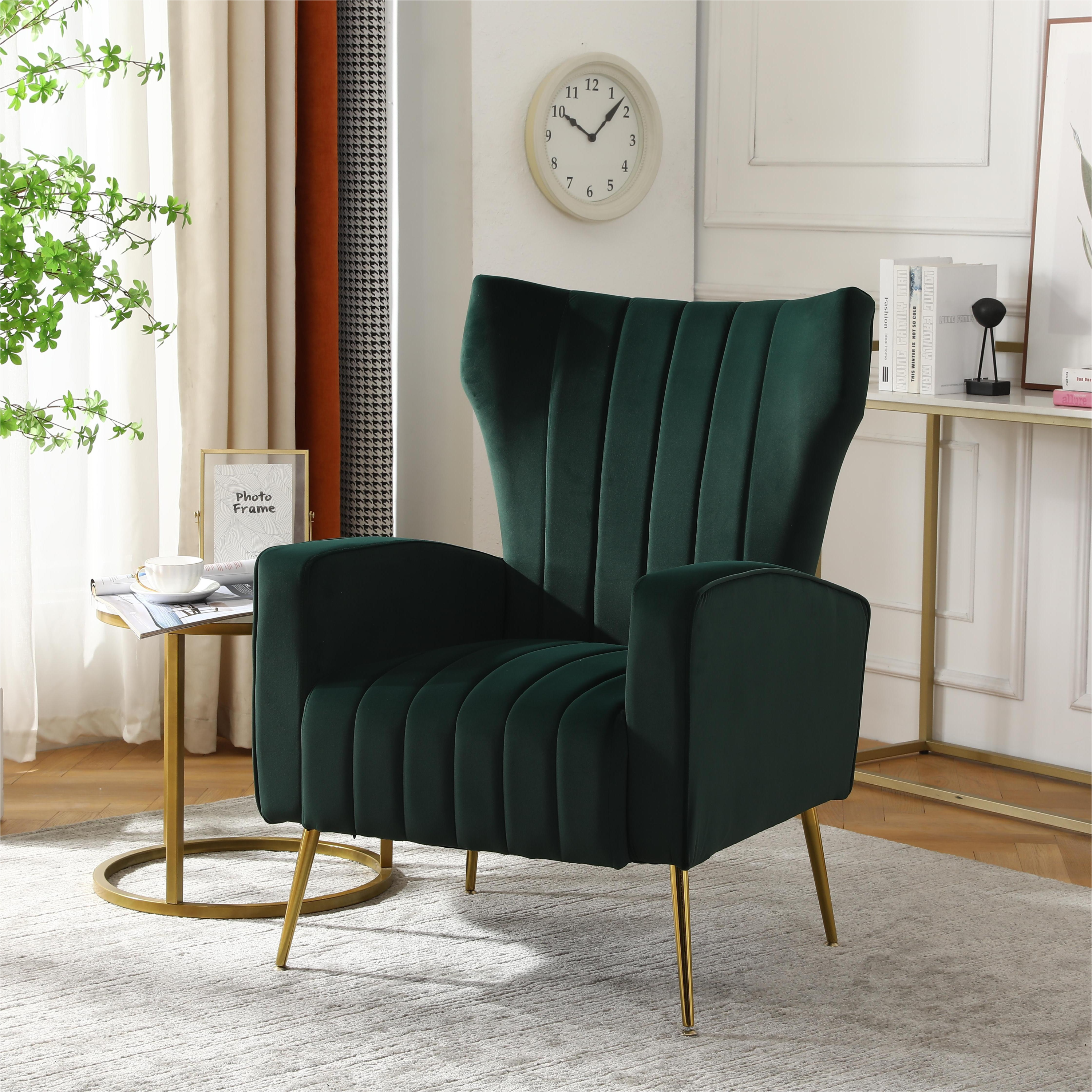 Velvet Accent Chair,Modern Living Room Armchair Comfy Upholstered Single Sofa Chair for Bedroom Dorms Reading Reception Room with Gold Legs & Small Pillow, Dark Green