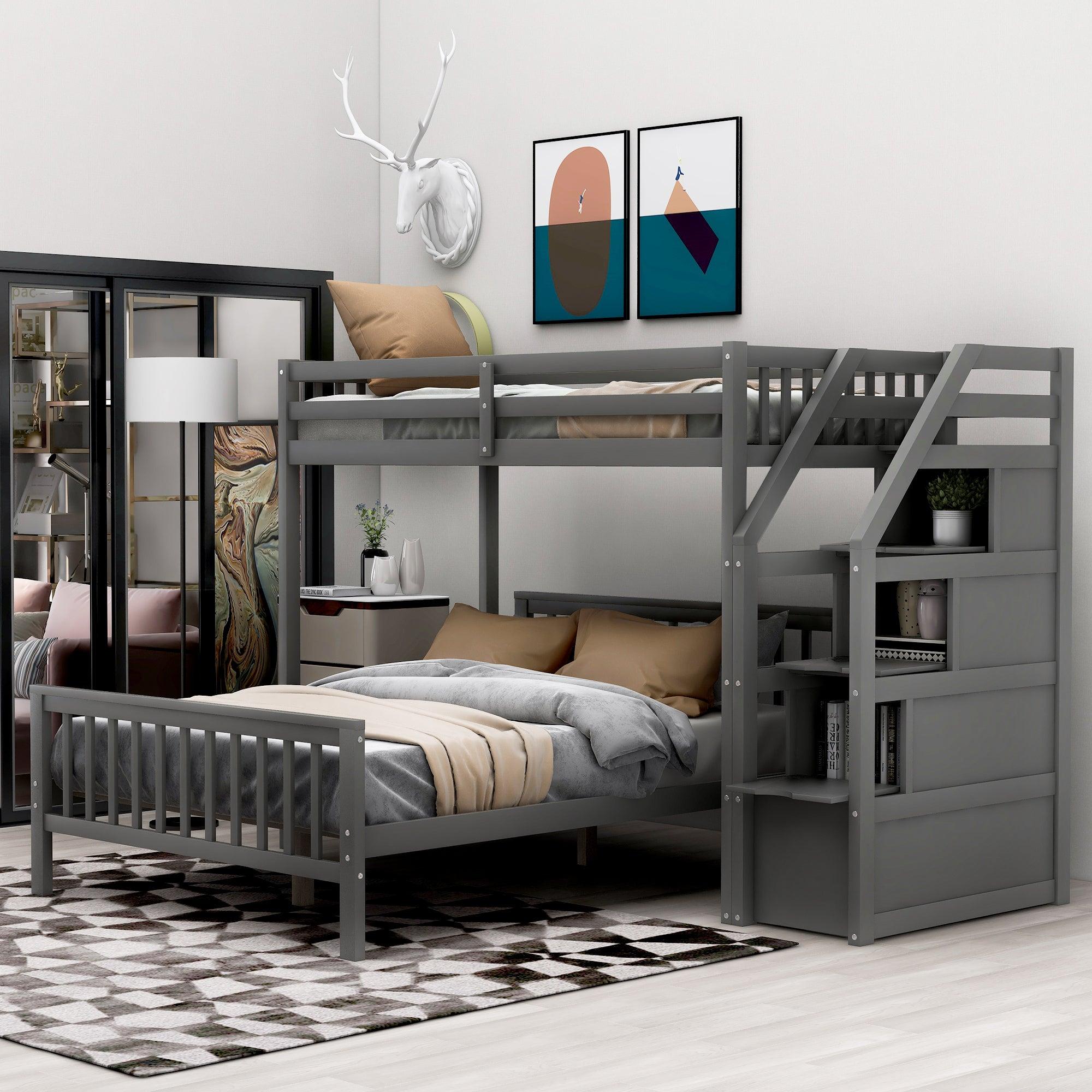 Twin over Full Loft Bed with Staircase,Gray image