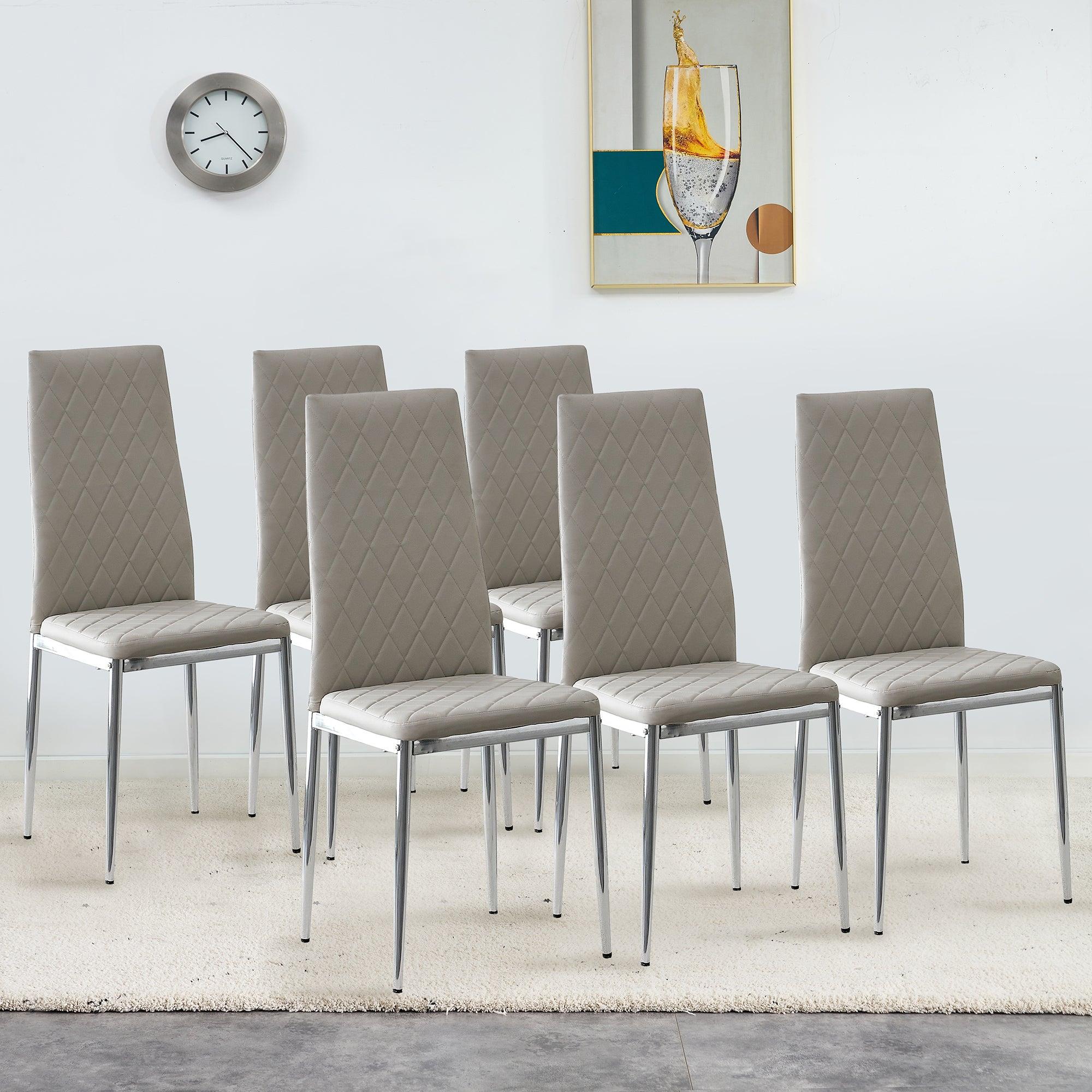 Grid Shaped Armless High Back Dining Chair, 6-piece set, Office Chair. Applicable to DiningRoom, Living Room, Kitchen and Office.Grey Chair and Electroplated Metal Leg image