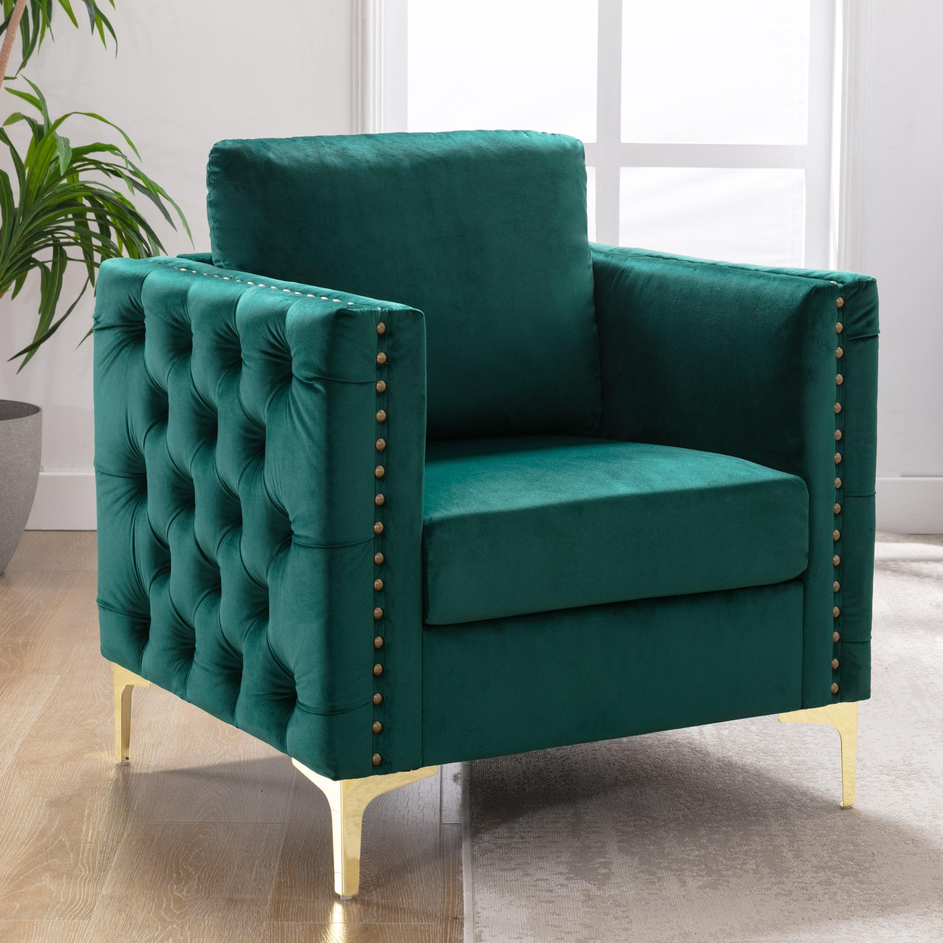 Modern Velvet Armchair Tufted Button Accent Chair Club Chair with Steel Legs for Living Room Bedroom，Green image