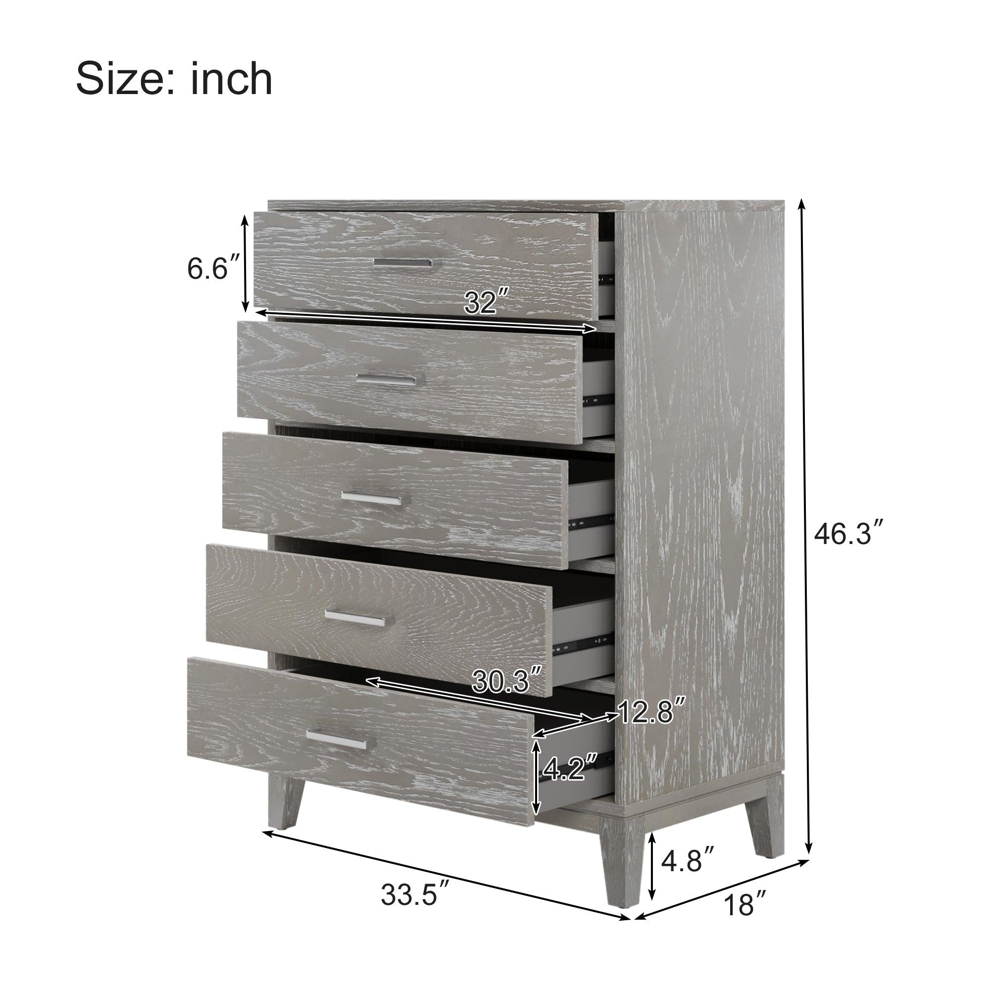 Modern Concise Style Solid wood Grey grain Five-Drawer Chest with Tapered Legs and Smooth Gliding Drawers