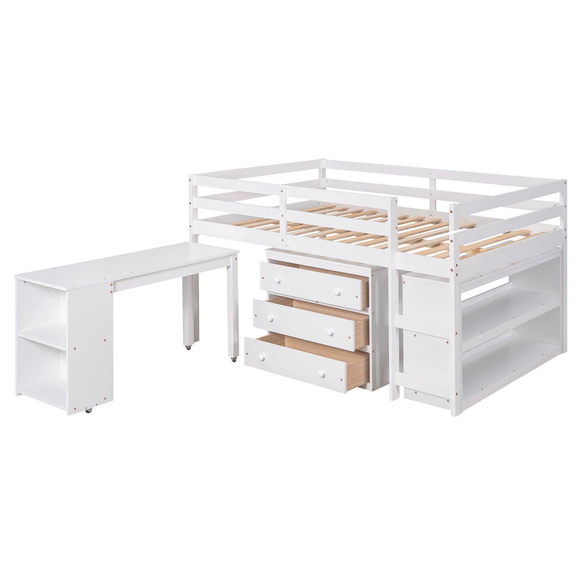 Low Study Full Loft Bed with Cabinet ,Shelves and Rolling Portable Desk ,Multiple Functions Bed- White