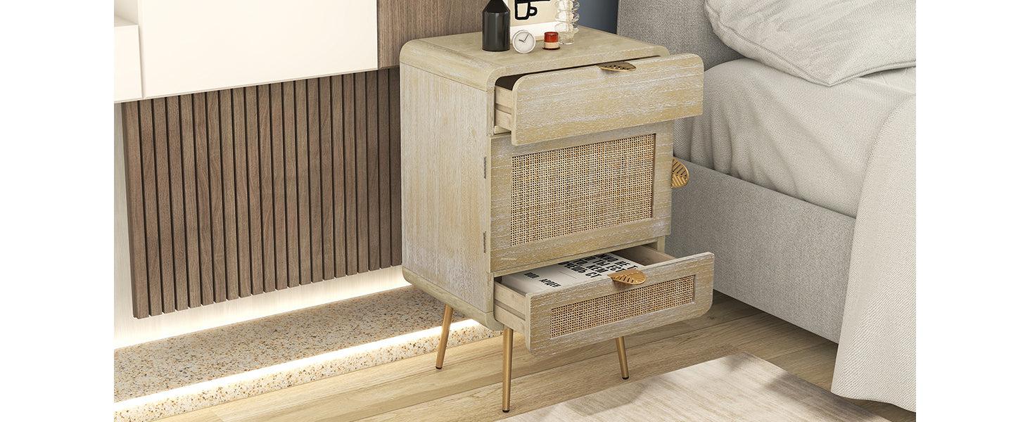 Wooden Nightstand with Rattan Panel,Two Drawers ,One Cabinet and Metal Feet  Bedside Table (Natural)